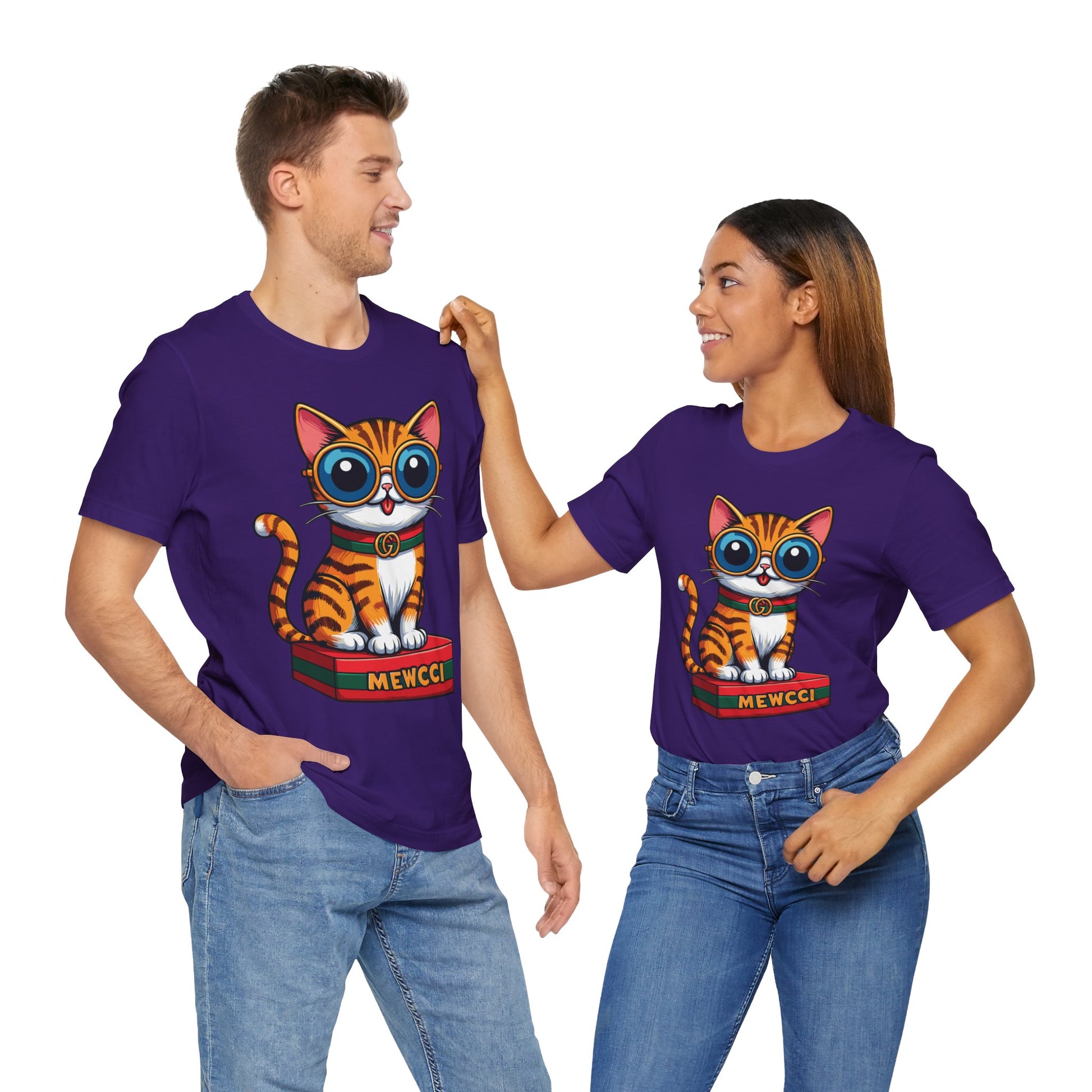 Cute cat gifts for cat lovers – Team Purple Mewcci Iconic Box Cat Graphic T-Shirts worn by couple