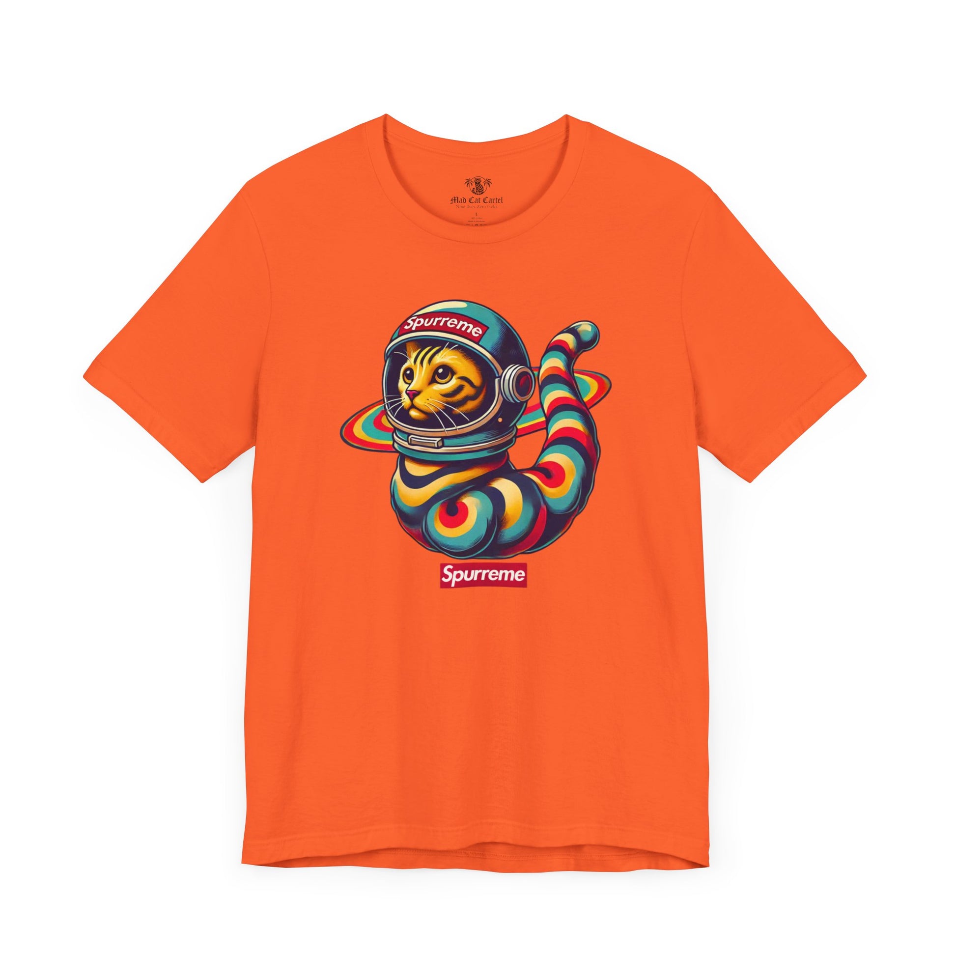 Spurreme Space Explorer Cat Graphic T-Shirt in orange flat lay, cool cat shirt