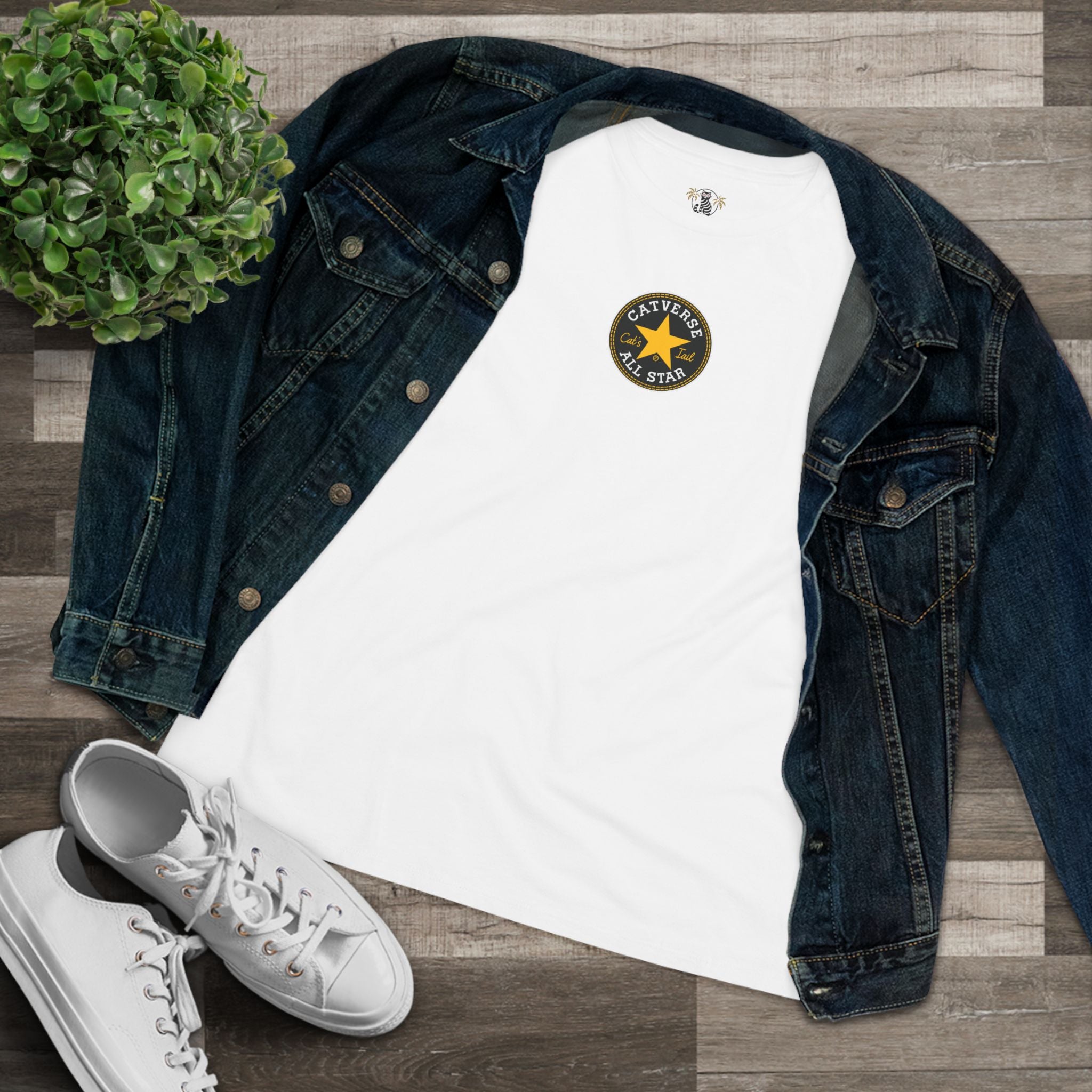 Tee shirts with cats, white women’s tee with jacket flat lay