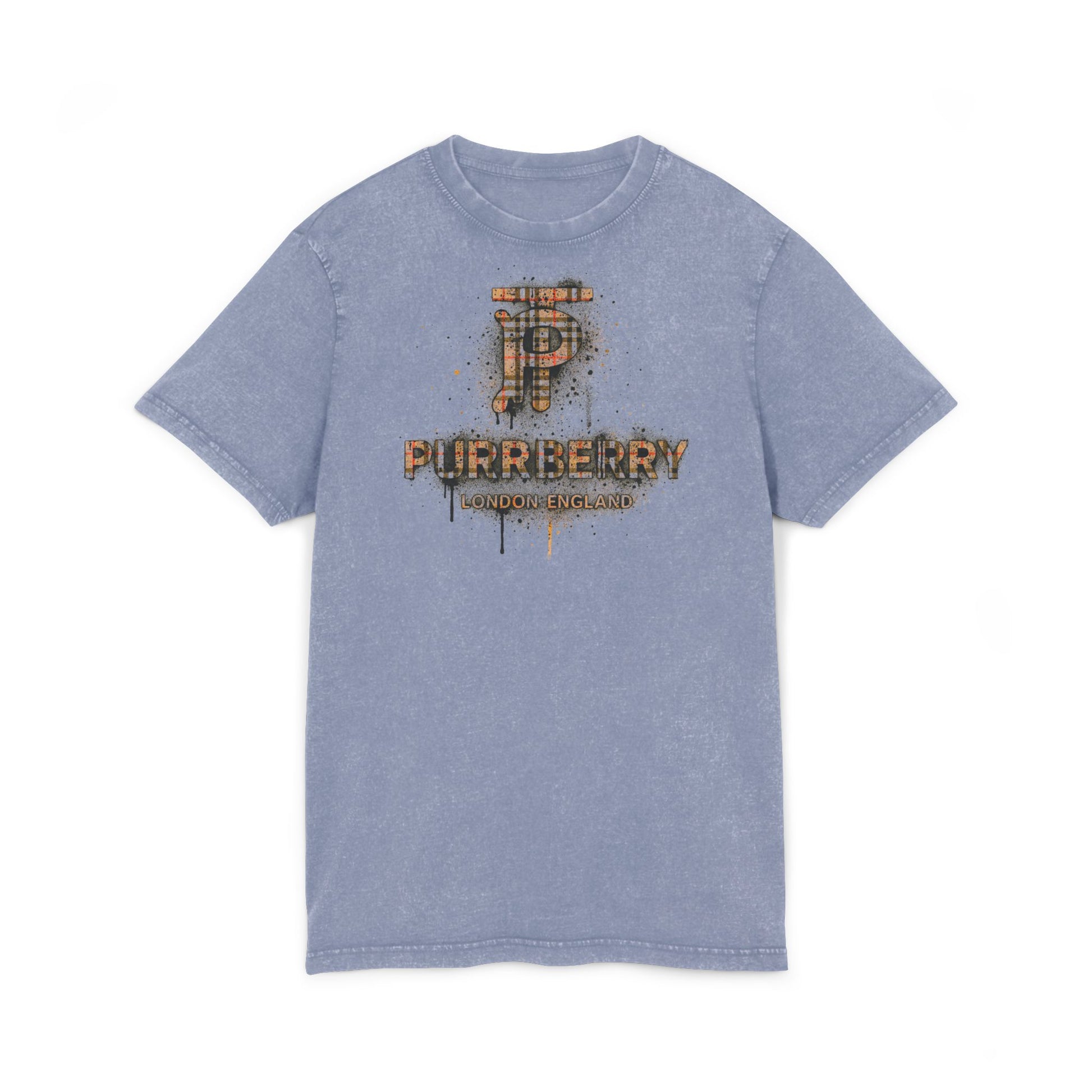 Purrberry London Spray Crest Vintage Blue Cat Graphic T Shirt, cat print tee shirts