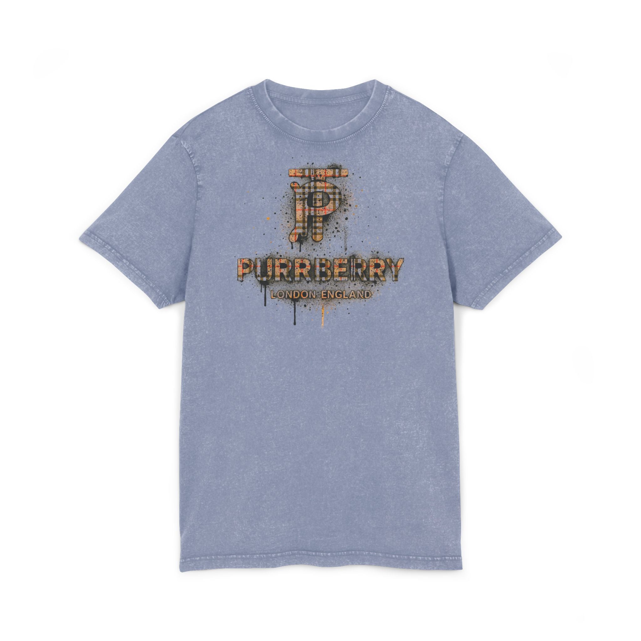 Purrberry London Spray Crest Vintage Blue Cat Graphic T Shirt, cat print tee shirts