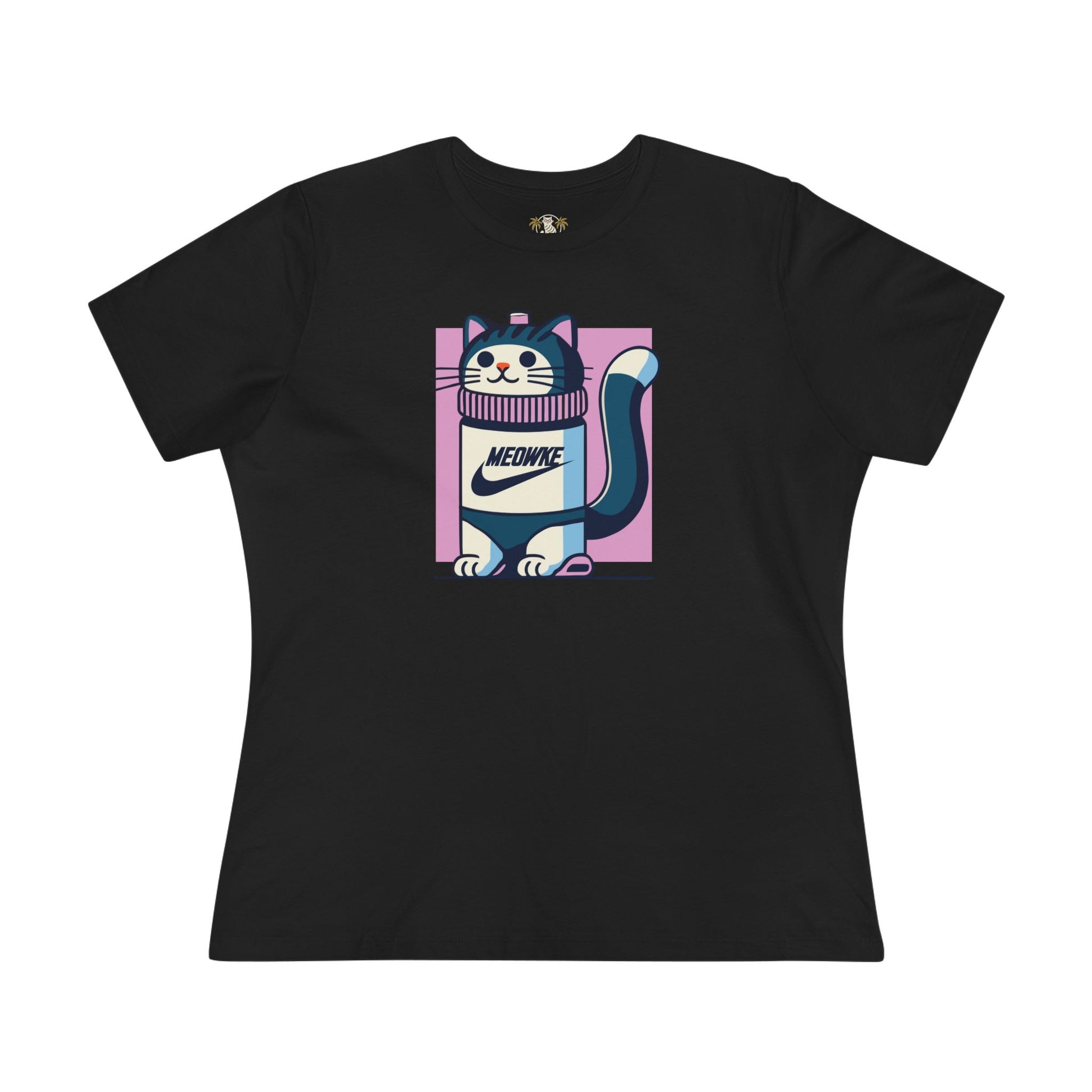 Front view Meowke Cat Bottle Graphic Women's T Shirt in black – cool cat shirt