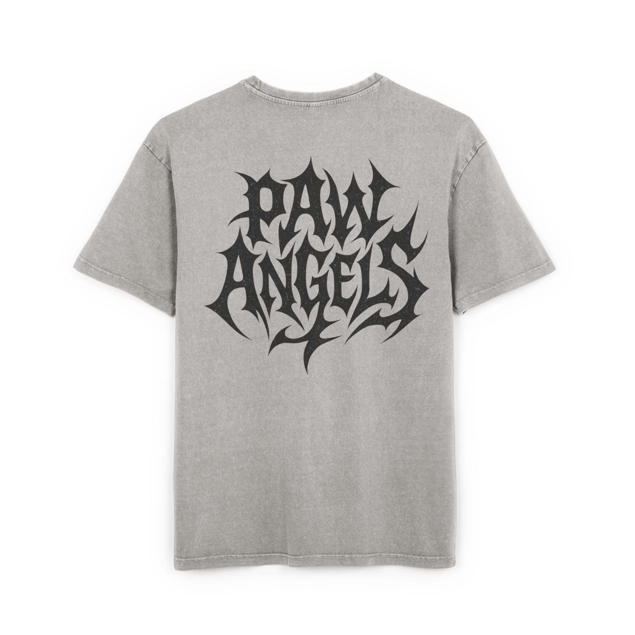 Back view of Paw Angels Hellcat acid washed asphalt gray men's oversized cat t-shirt – cat shirts for men