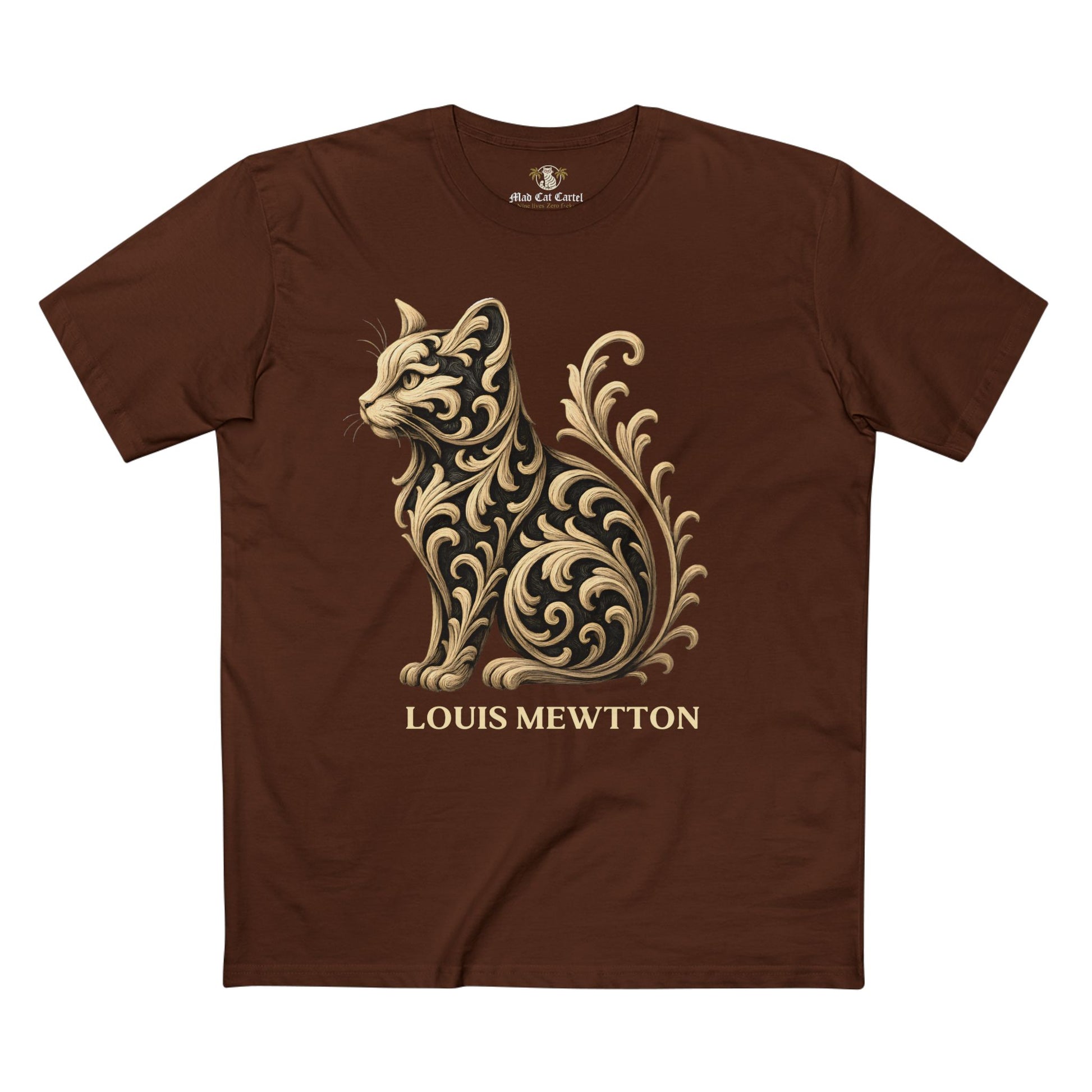 Louis Mewtton Prestige Cat Men's Graphic T Shirt dark chocolate brown flat front with ornate gold cat design