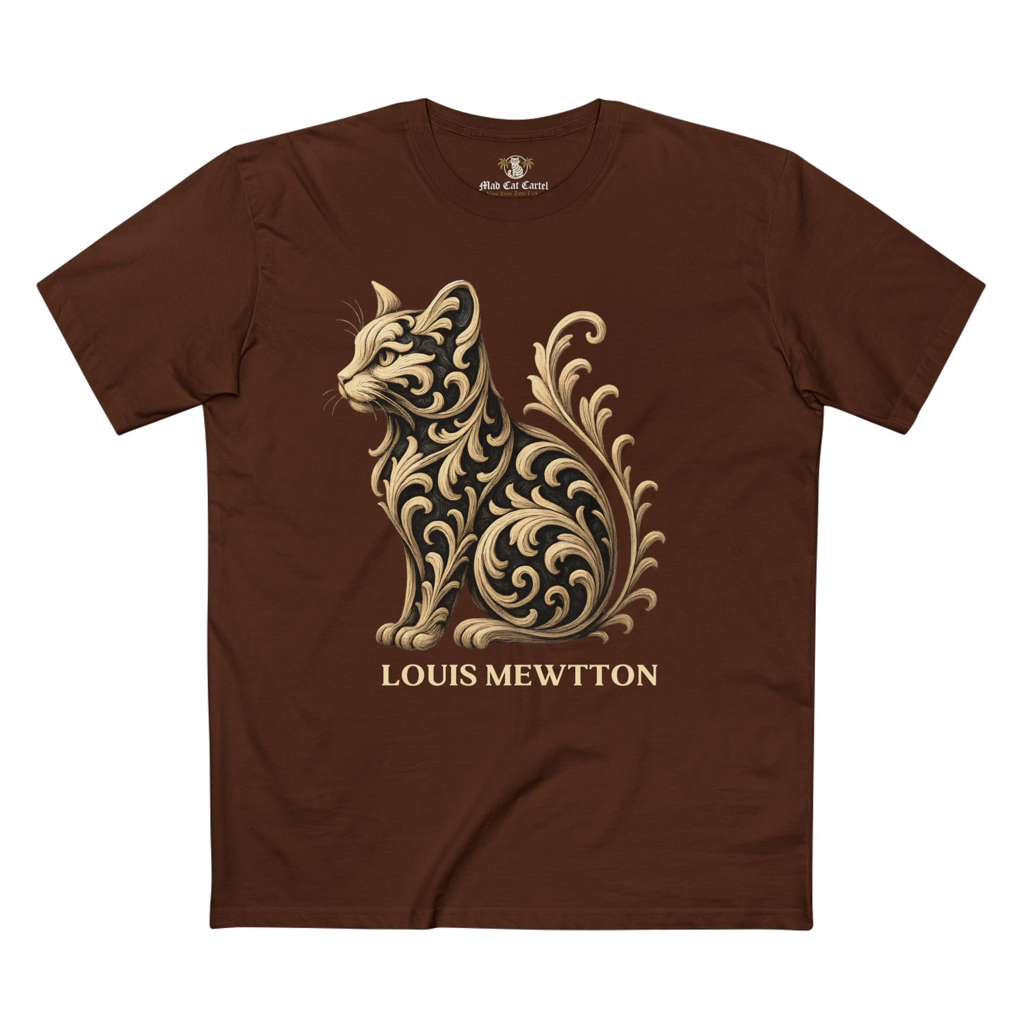 Louis Mewtton Prestige Cat Men's Graphic T Shirt dark chocolate brown flat front with ornate gold cat design