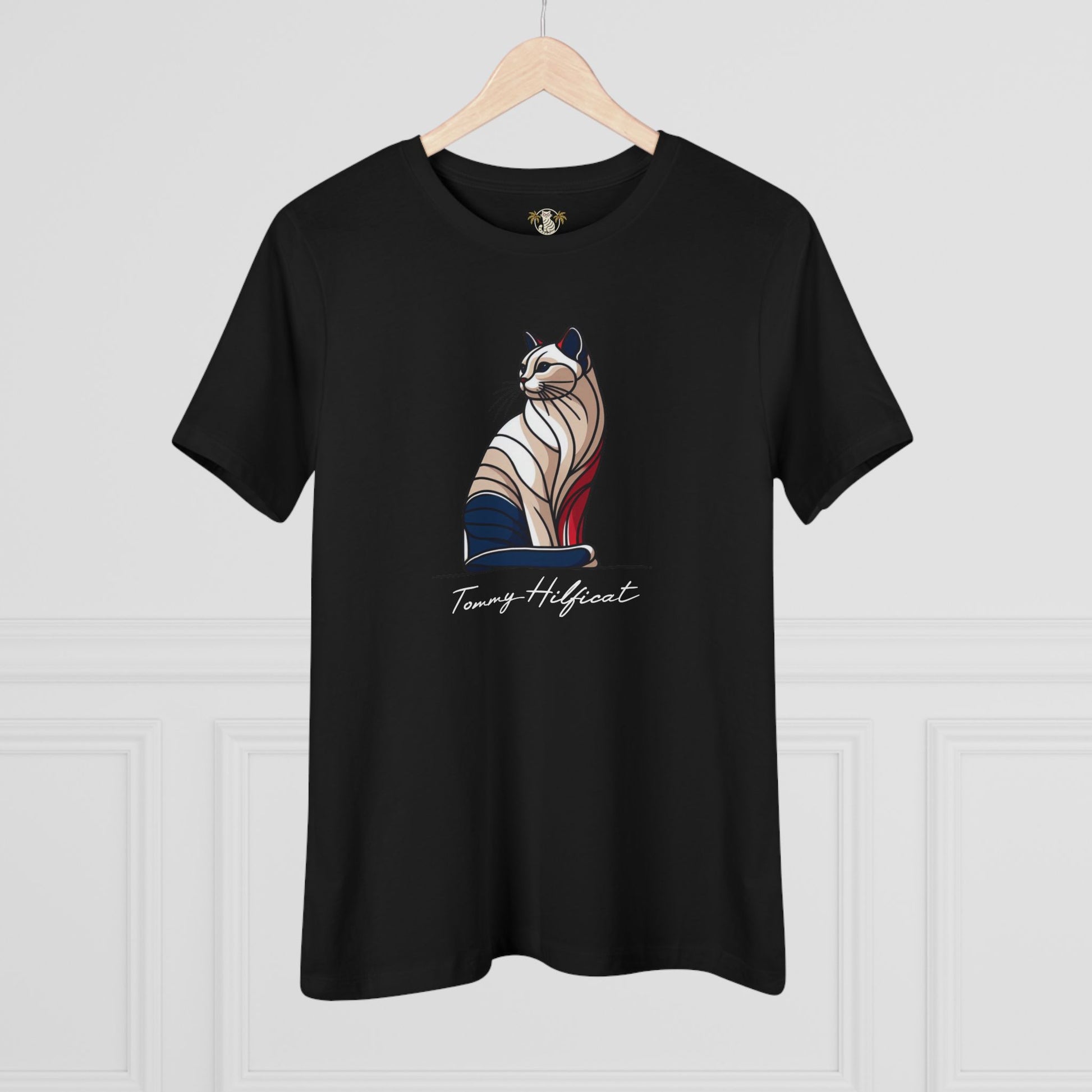 Tommy Hilficat Sitting Icon T Shirt on hanger in Black, cat lover shirts