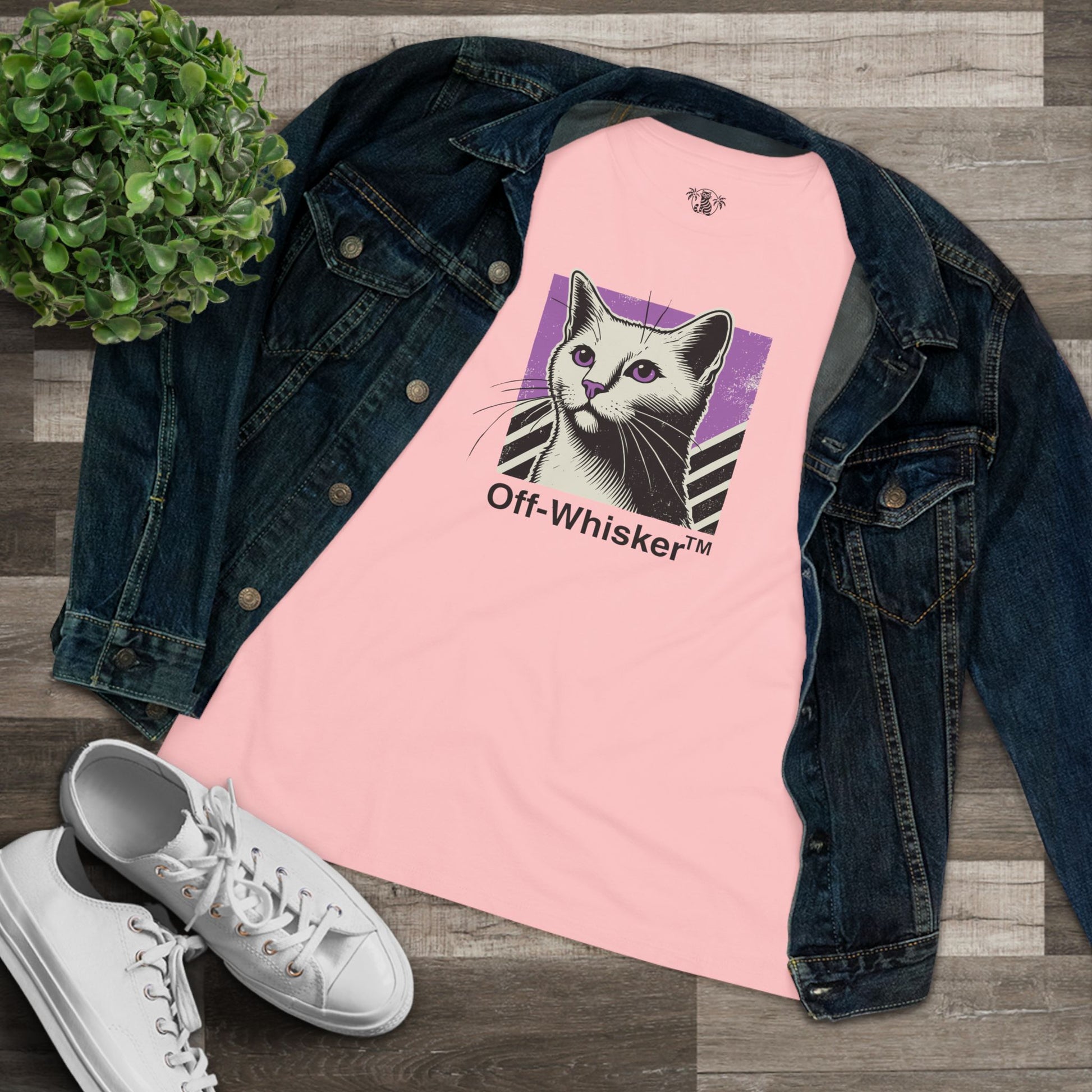 Flat lay pink Off-Whisker Purple Vision cat t shirt with denim jacket, cat t shirt women's
