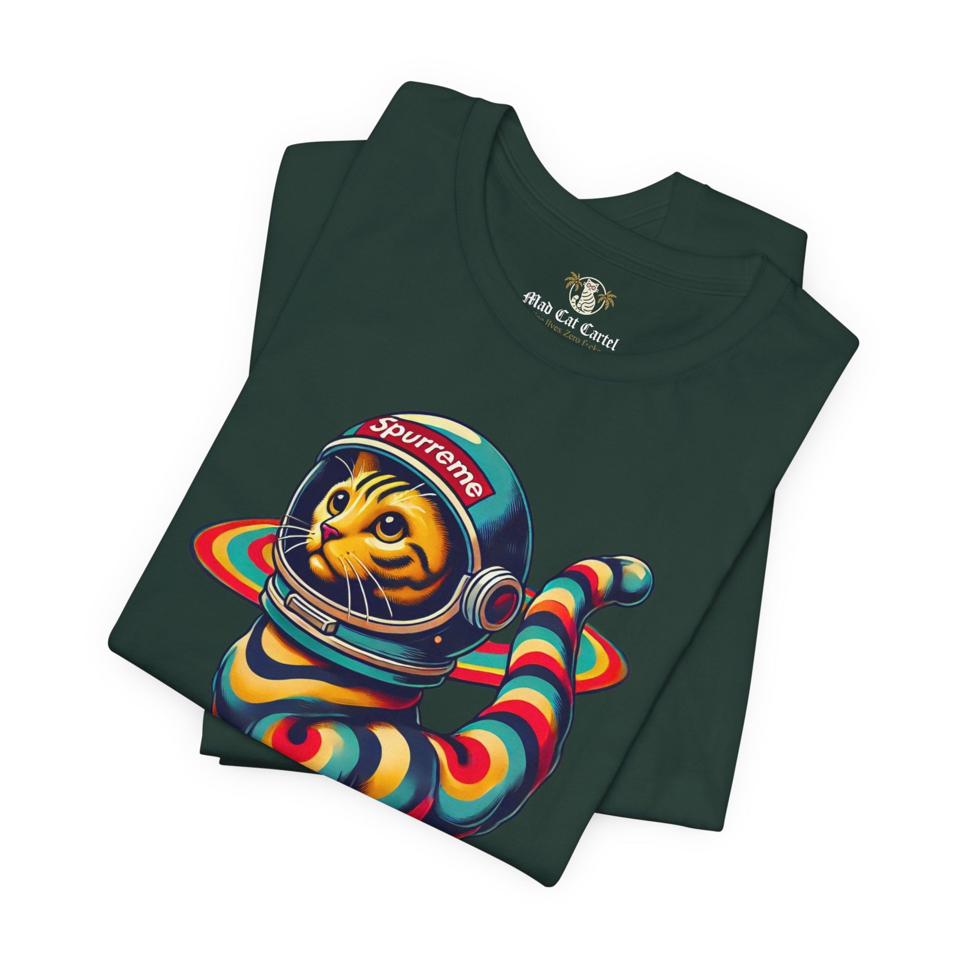 Forest green t shirt folded flat lay, cool cat shirt