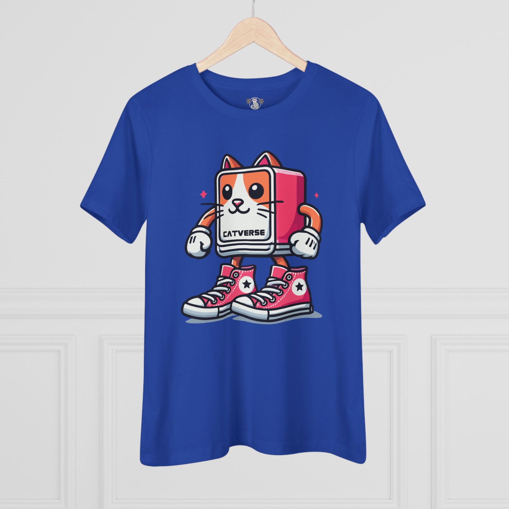 Royal Blue Catverse Pinkbot t shirt on hanger, tee for cat lovers