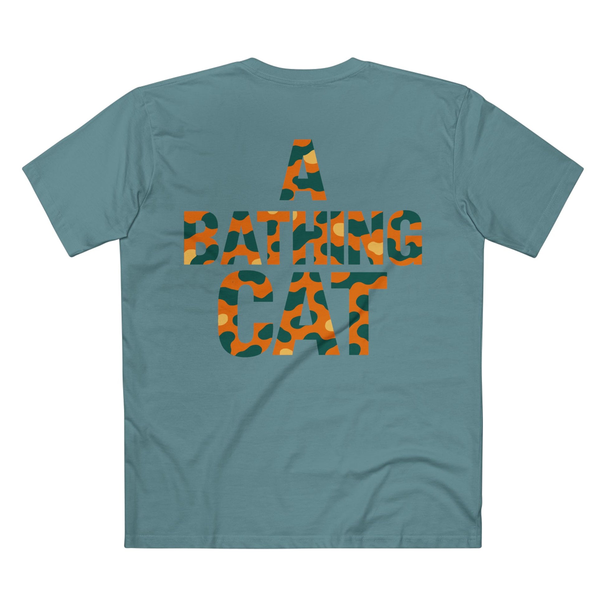 back view, slate blue cat lover tee with A Bathing Cat camo logo lettering