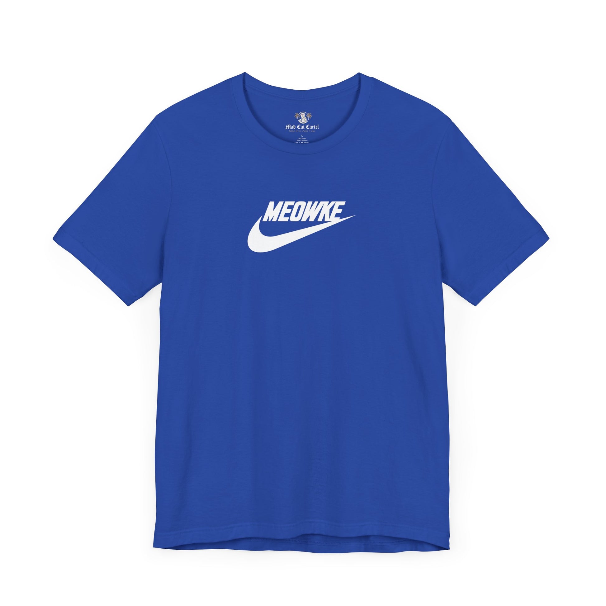 Funny t shirts for men – true royal unisex tee, front view, white Meowke chest swoosh logo