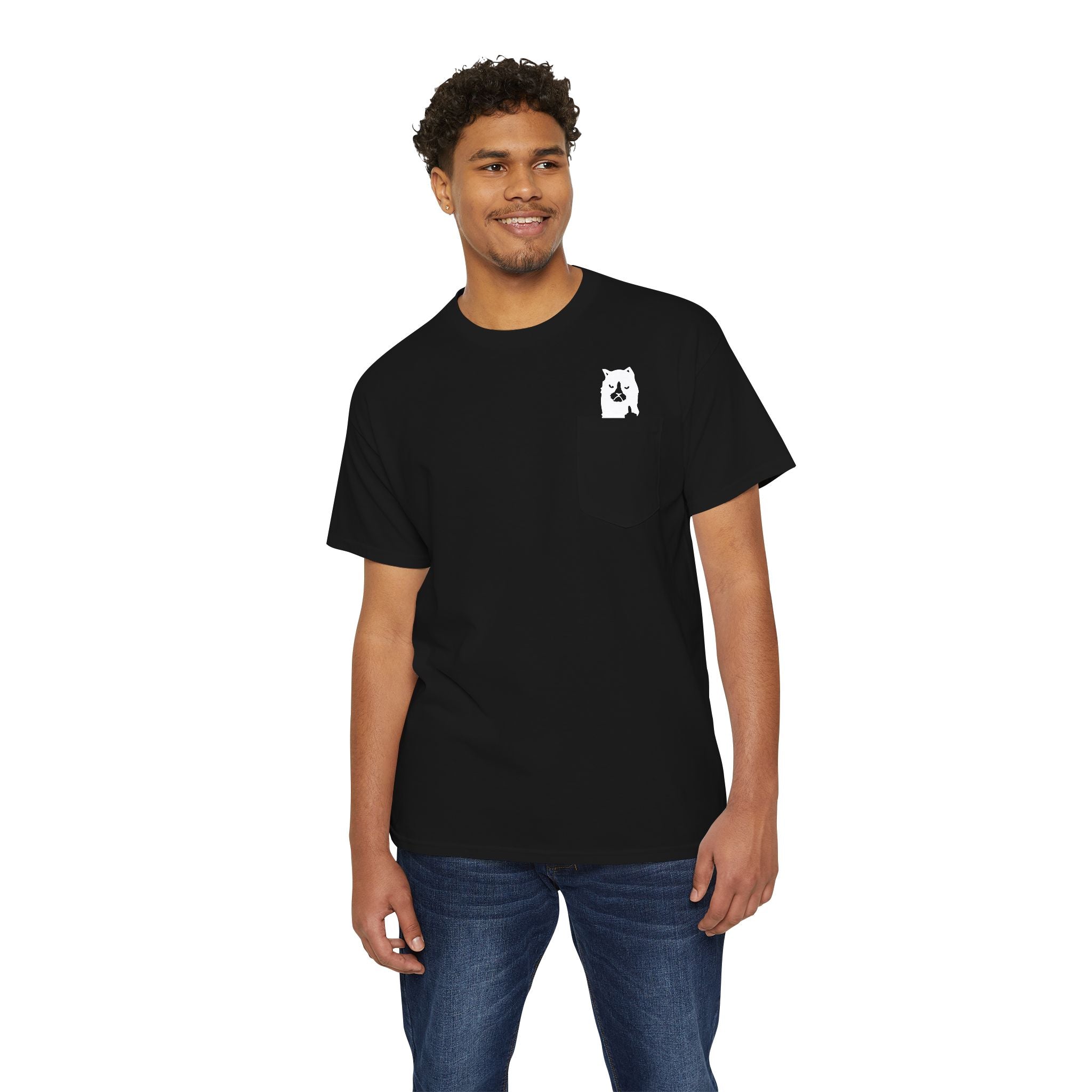 Black A Bathing Cat Mini Logo Pocket Graphic T-Shirt male model front view cat lover shirt