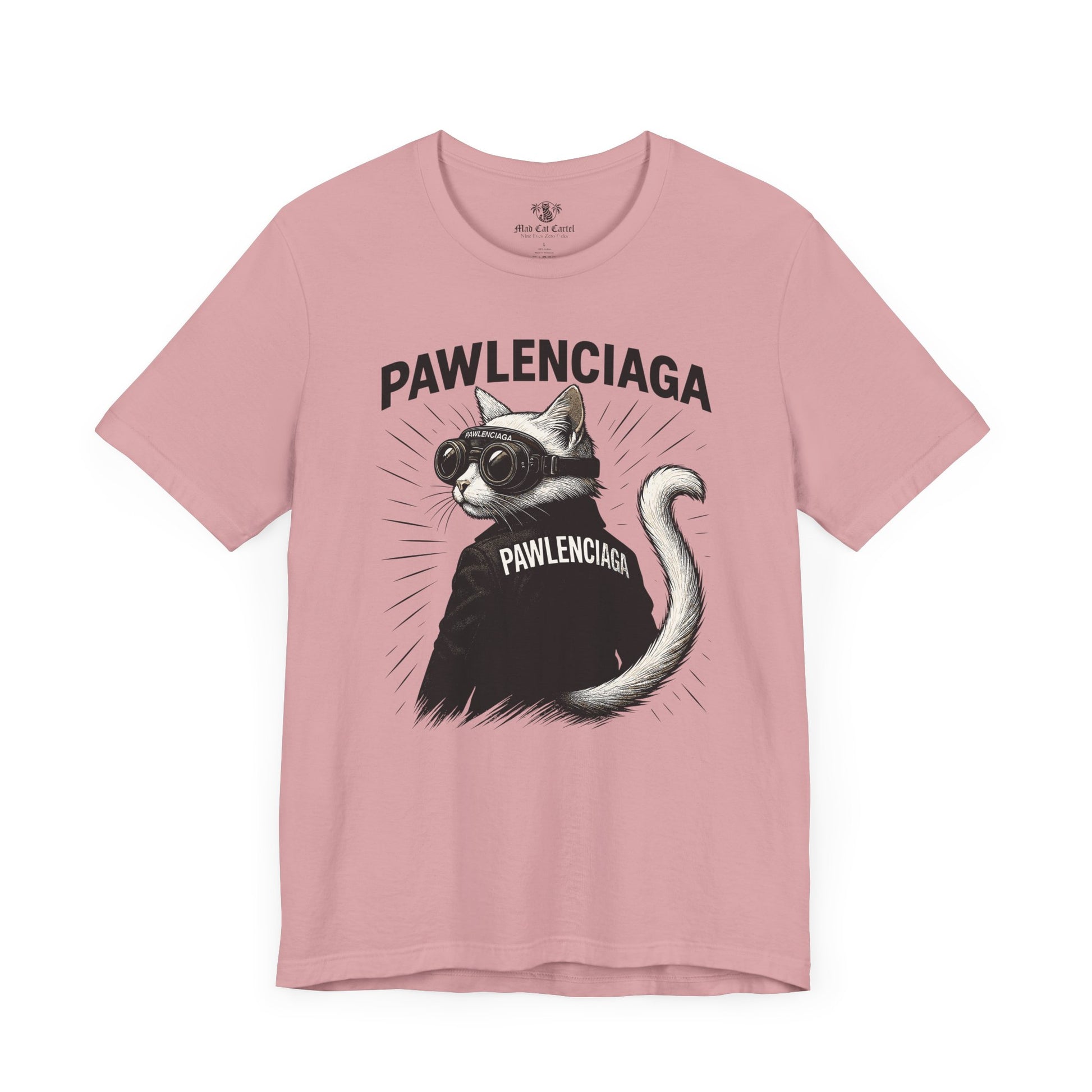 Pawlenciaga Cat With Goggles Back Pose Graphic T-Shirt, orchid pink, cute cat shirts for women, flat front