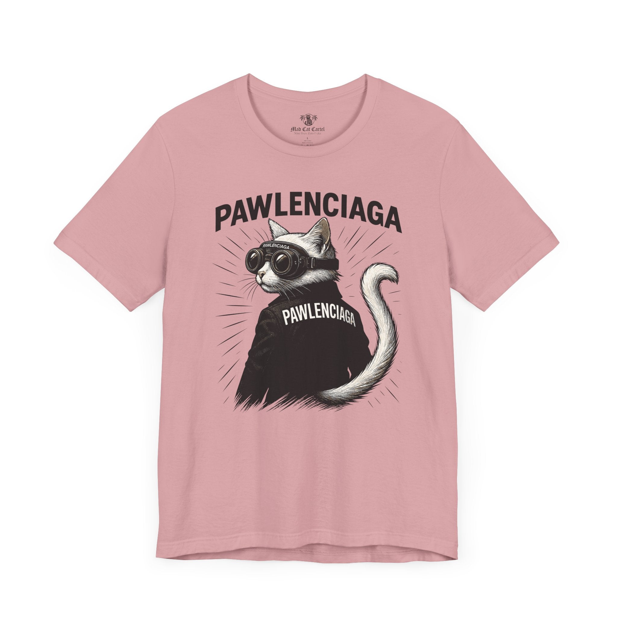 Pawlenciaga Cat With Goggles Back Pose Graphic T-Shirt, orchid pink, cute cat shirts for women, flat front