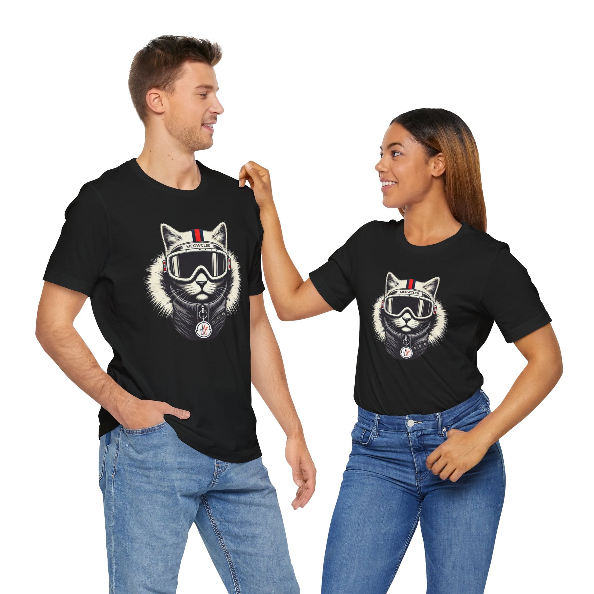 Couple wearing matching Meowcler ski cat black tees, funny t shirts for women and men