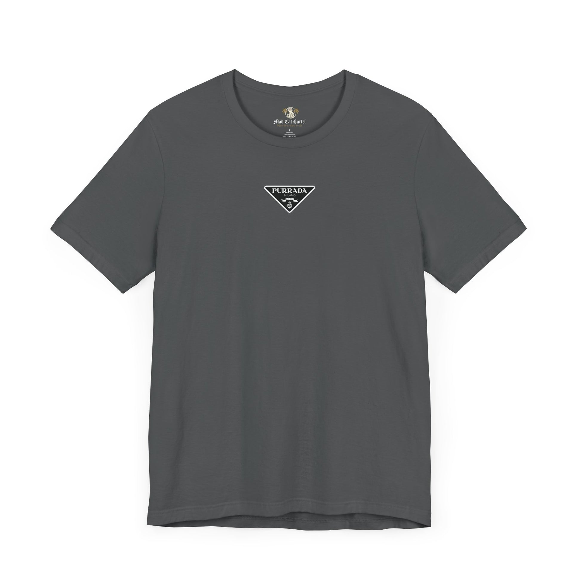Purrada Chest Logo Asphalt Gray T Shirt, parody shirts for men and women