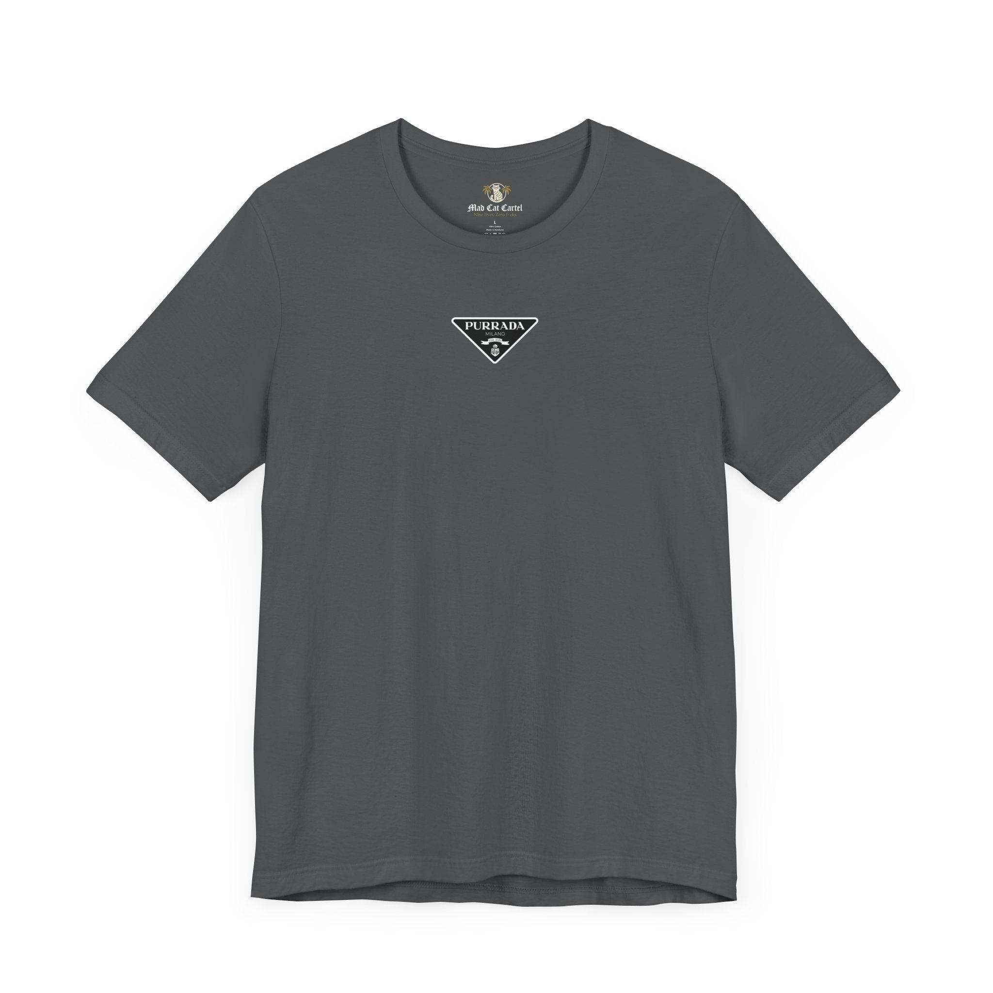 Purrada Chest Logo Asphalt Gray T Shirt, parody shirts for men and women