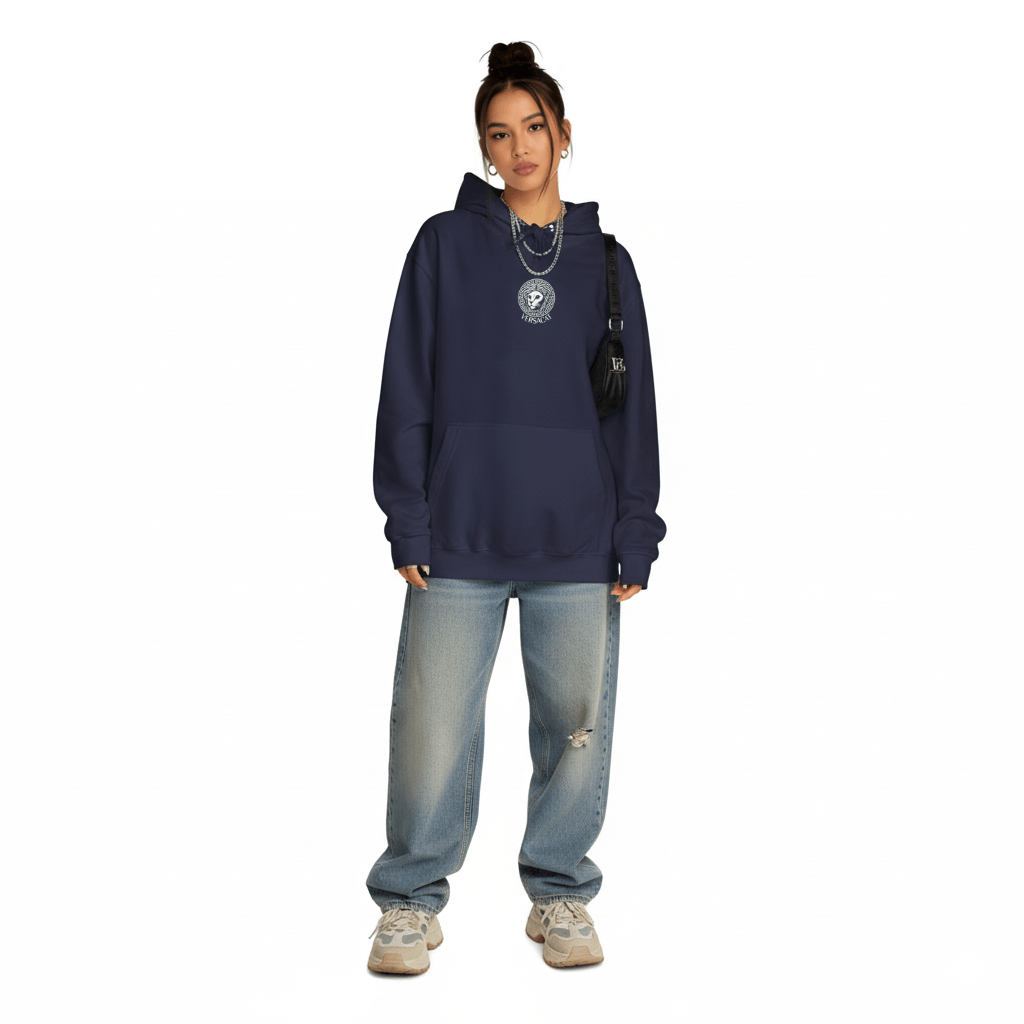 Female model wearing Oxford Navy Versacat Chest Logo Cat Graphic Hoodie cozy hoodie for cat lovers