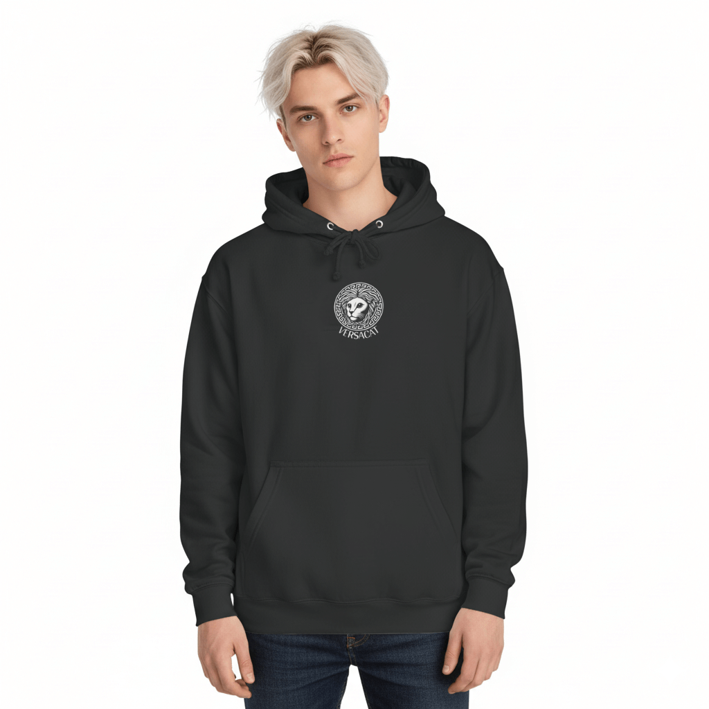 Male model wearing Jet Black Versacat Chest Logo Cat Graphic Hoodie sleek unisex style for cat lovers