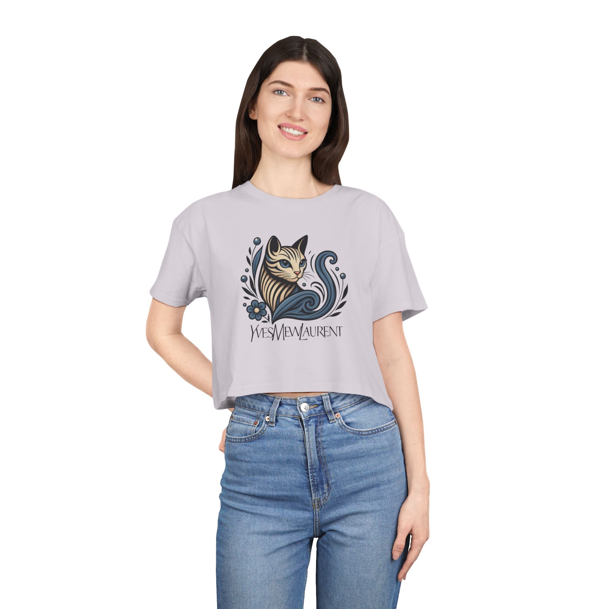 Yves Mew Laurent Floral Cat Art Women’s Cropped T Shirt