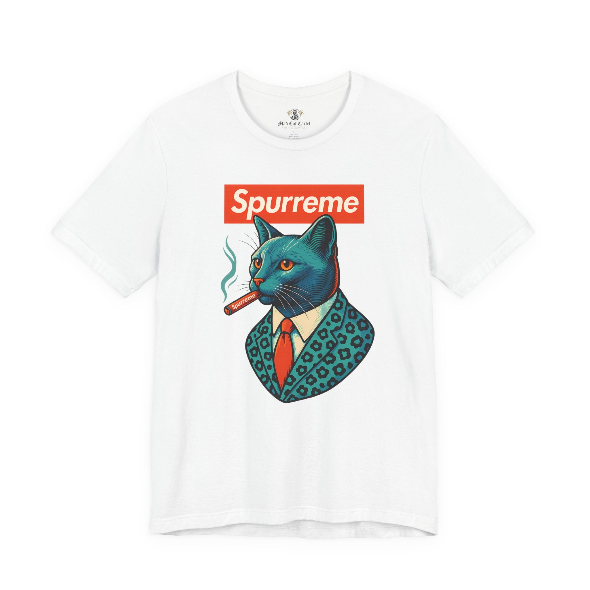 White Spurreme Ambassador Cat Graphic t shirt front view – cat clothes for humans