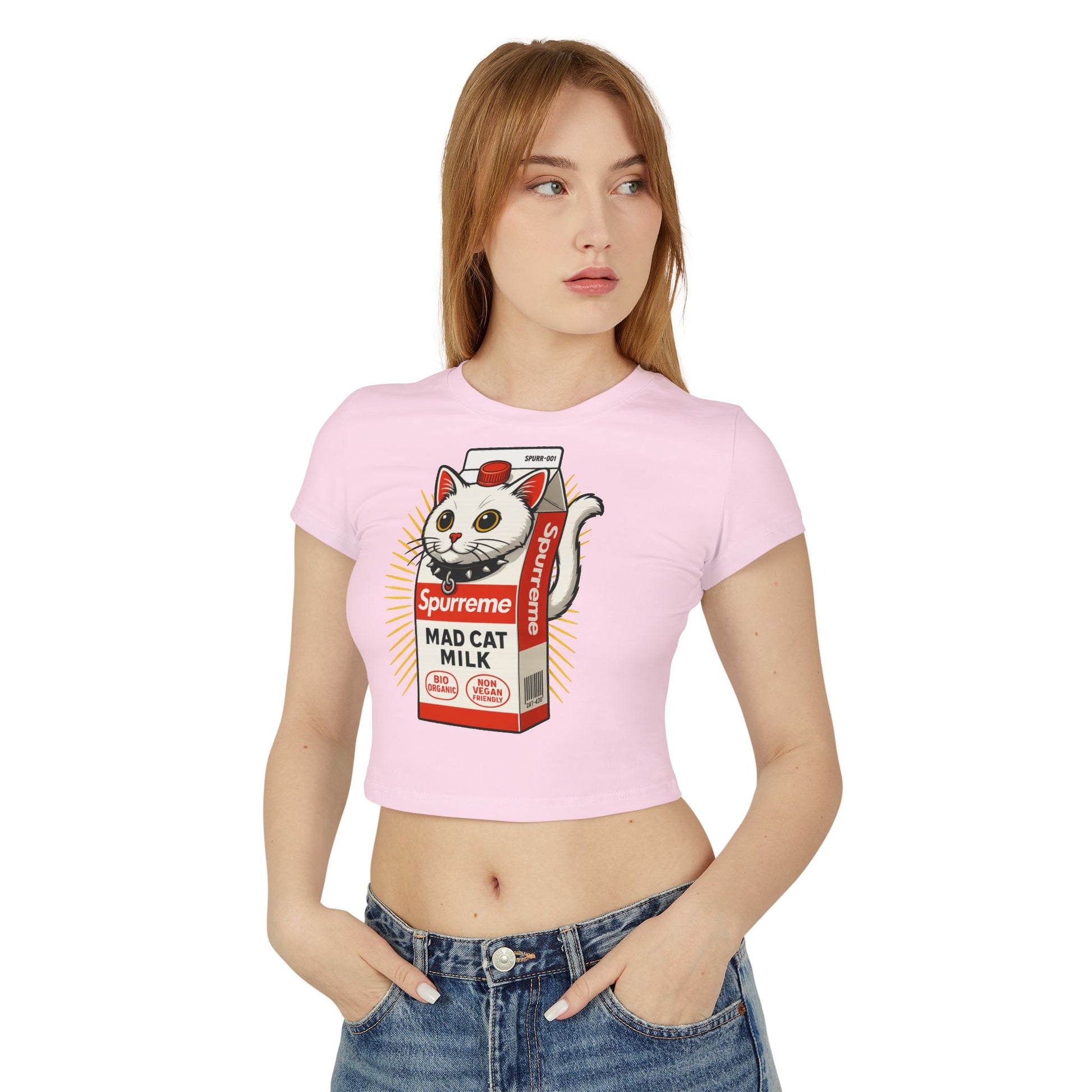 front view female model wearing pink Spurreme baby tee, cat shirts for women