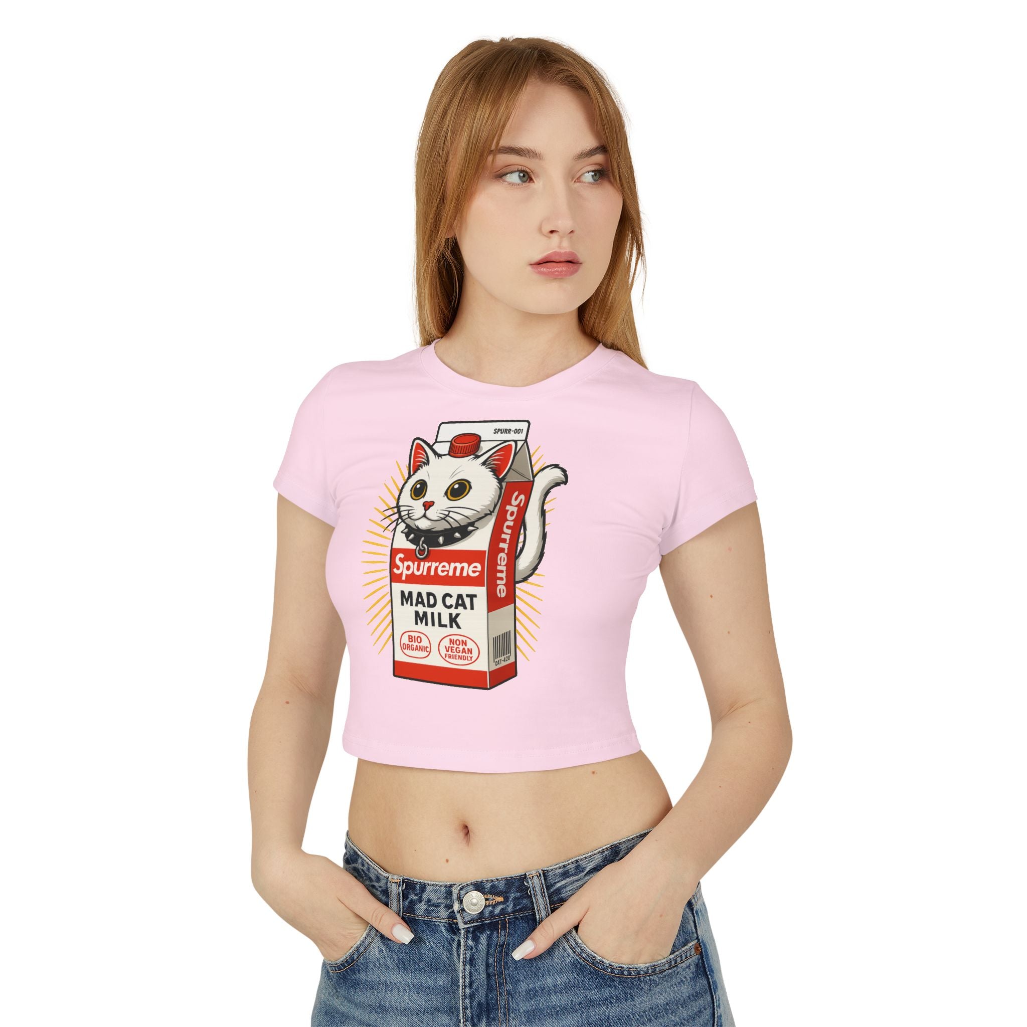 front view female model wearing pink Spurreme baby tee, cat shirts for women