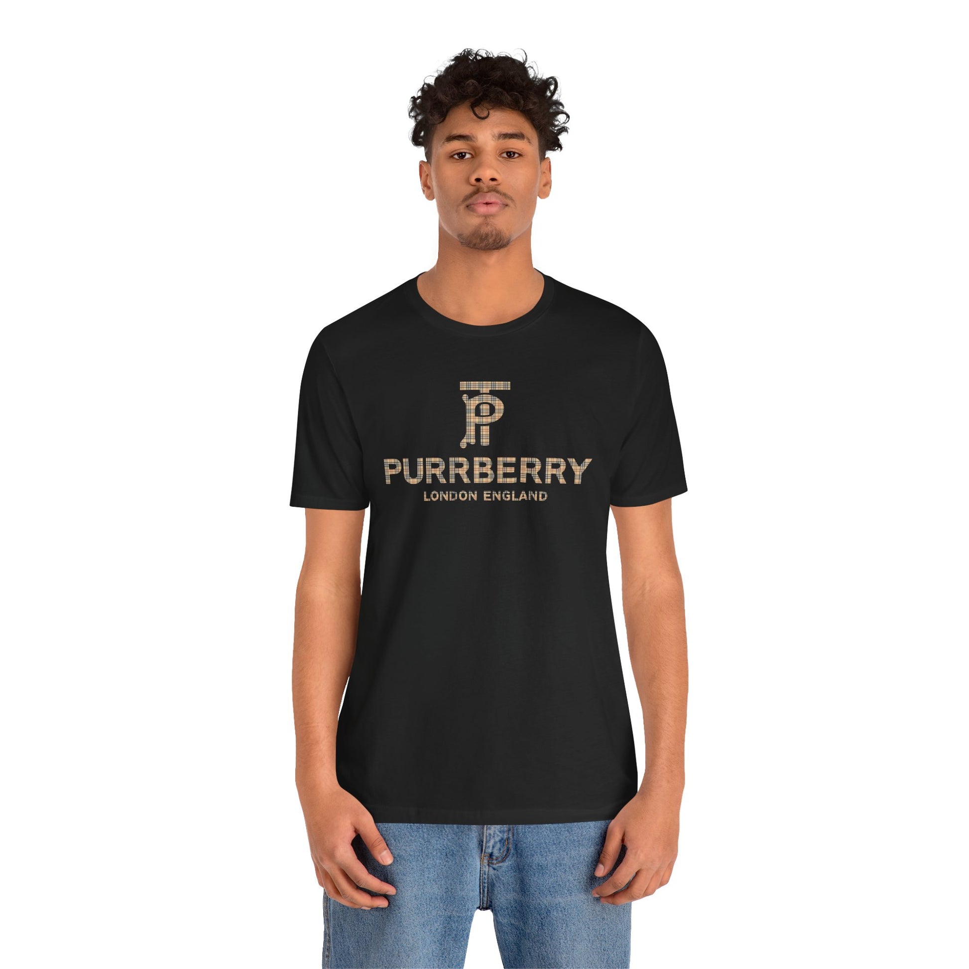 male model front view wearing purrberry london coat club cat graphic t shirt black mens cat tee