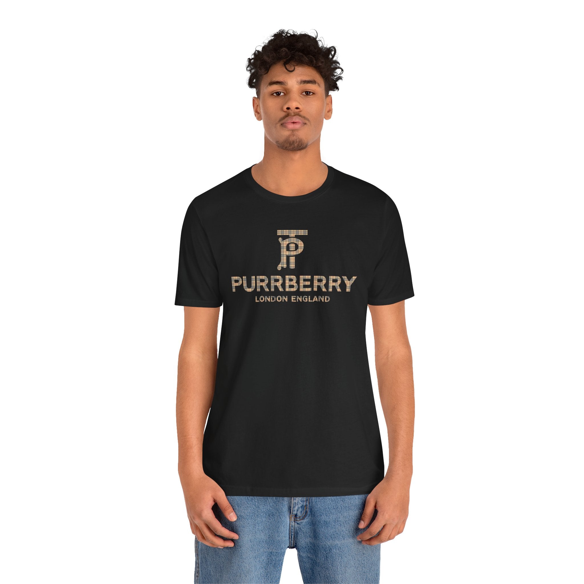 male model front view wearing purrberry london coat club cat graphic t shirt black mens cat tee