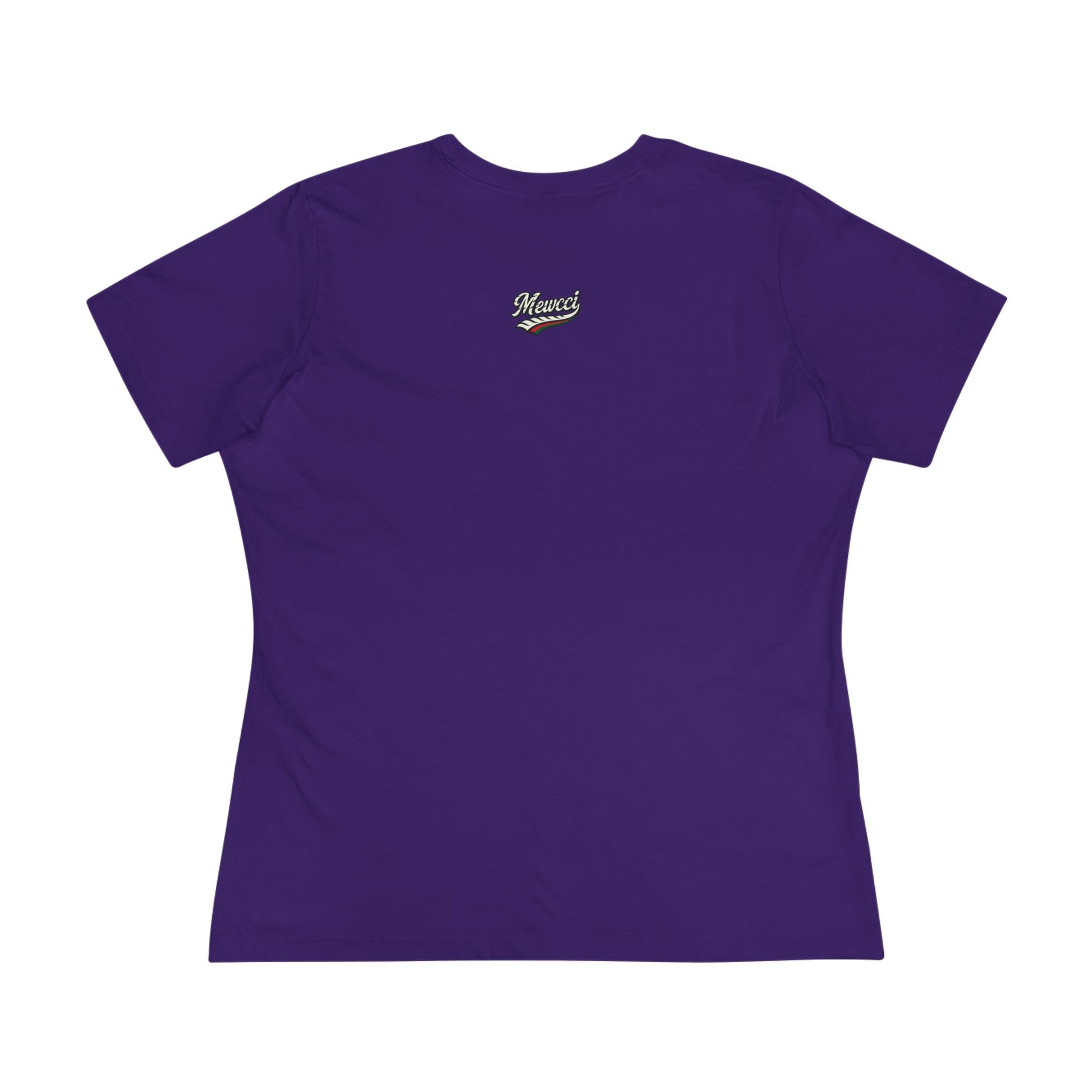 Team purple women's tee with cat on a shirt back view funny logo graphic