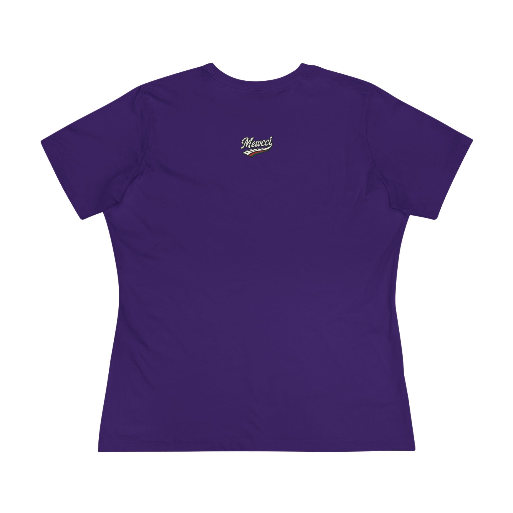 Team purple women's tee with cat on a shirt back view funny logo graphic