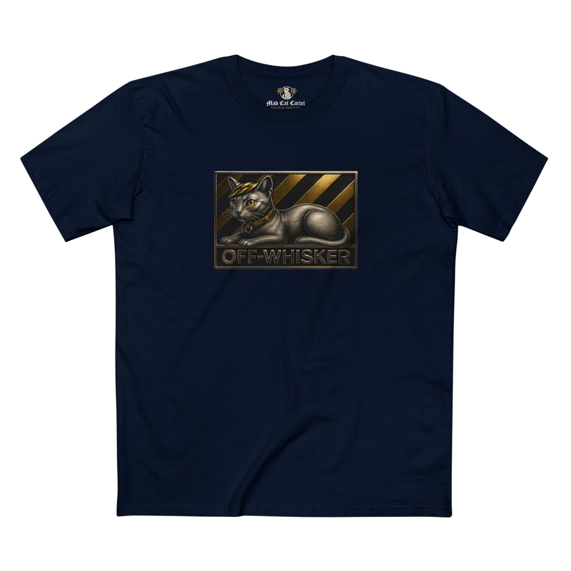 navy blue Off-Whisker Silver Cat Bronze Emblem Graphic T Shirt, shirt for cat lovers