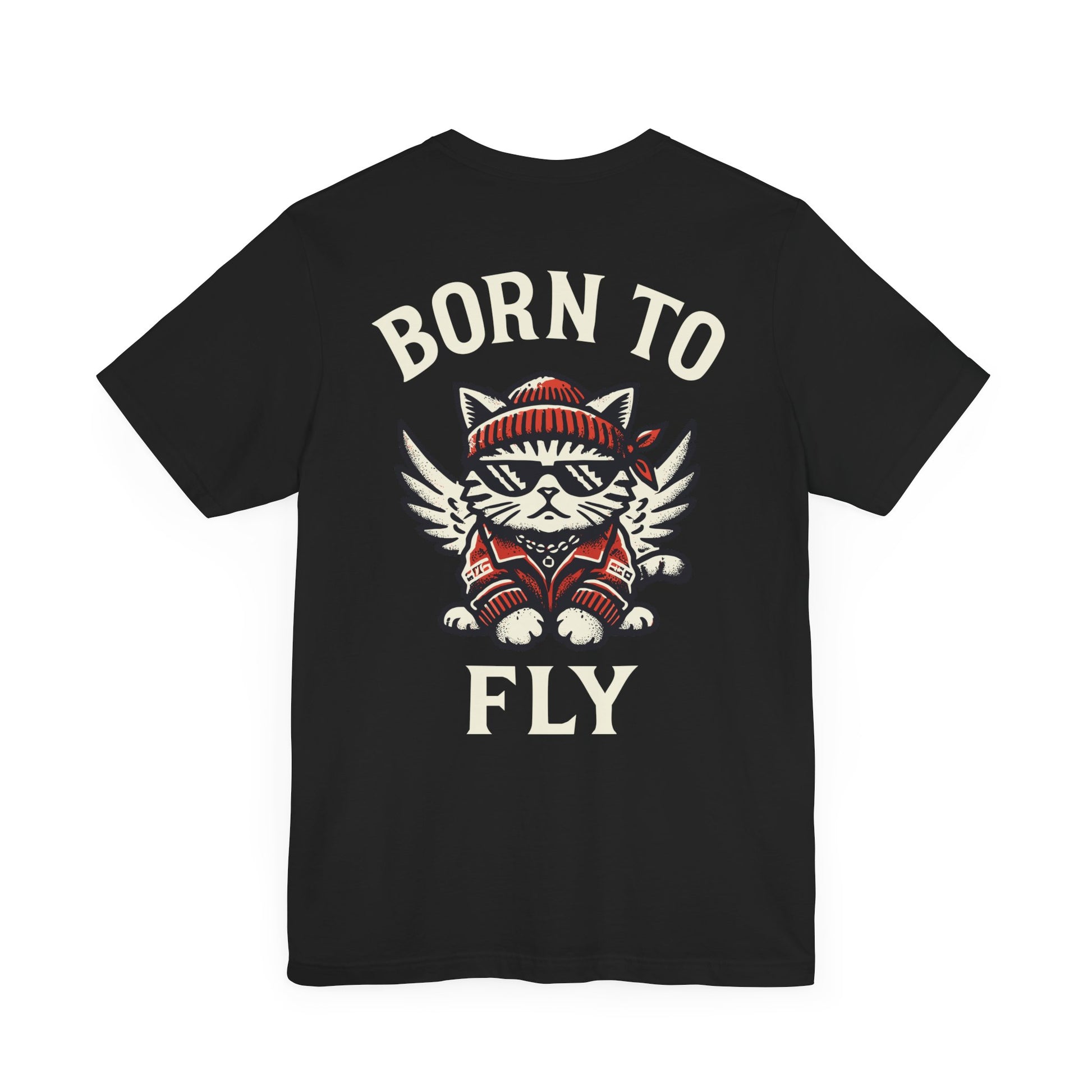 Back view of black Paw Angels Born to Fly street angel cat t-shirt – cat lovers stuff unisex