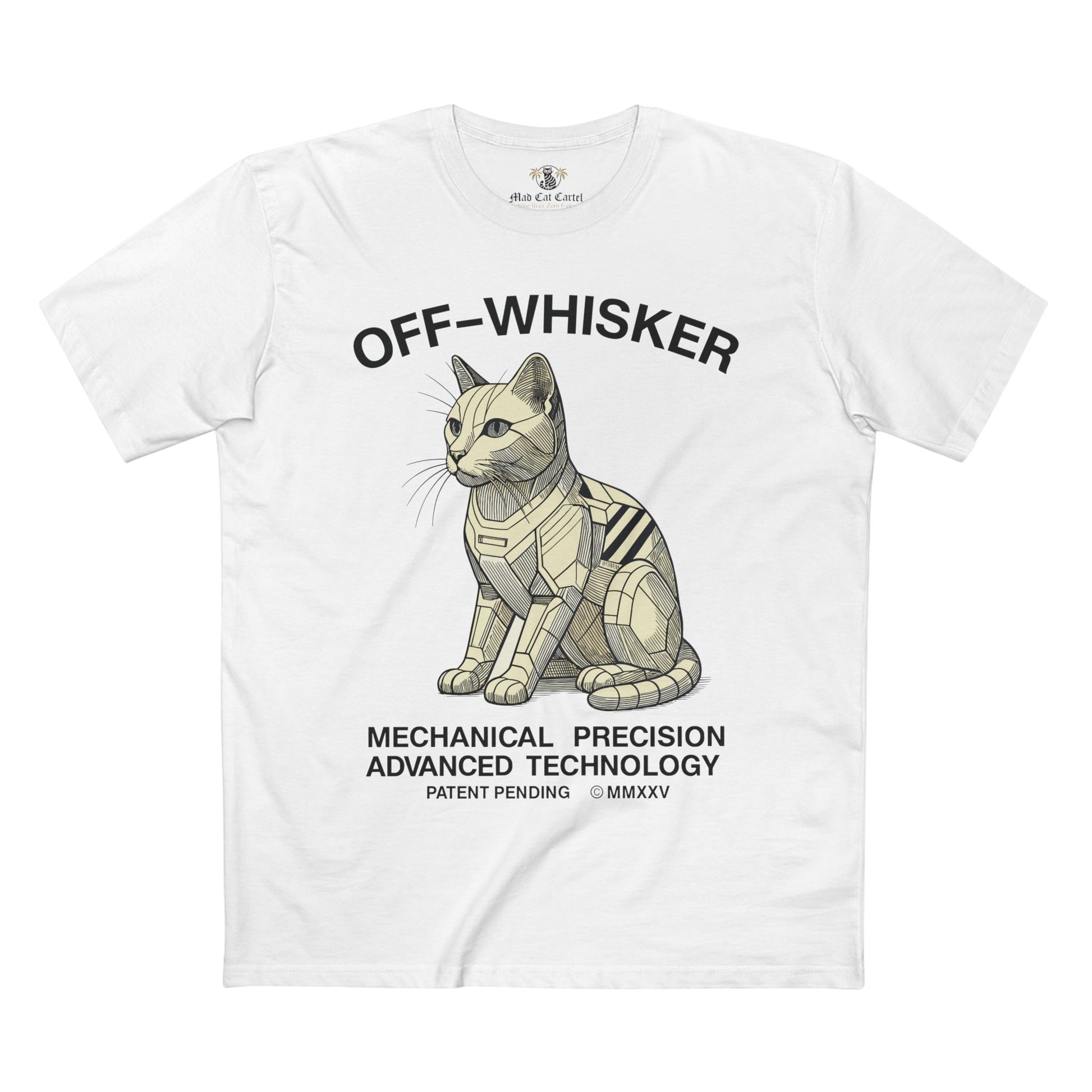 White Off-Whisker Gen-01 Mech Cat t-shirt – cat t shirts for men, unique gifts for cat lovers