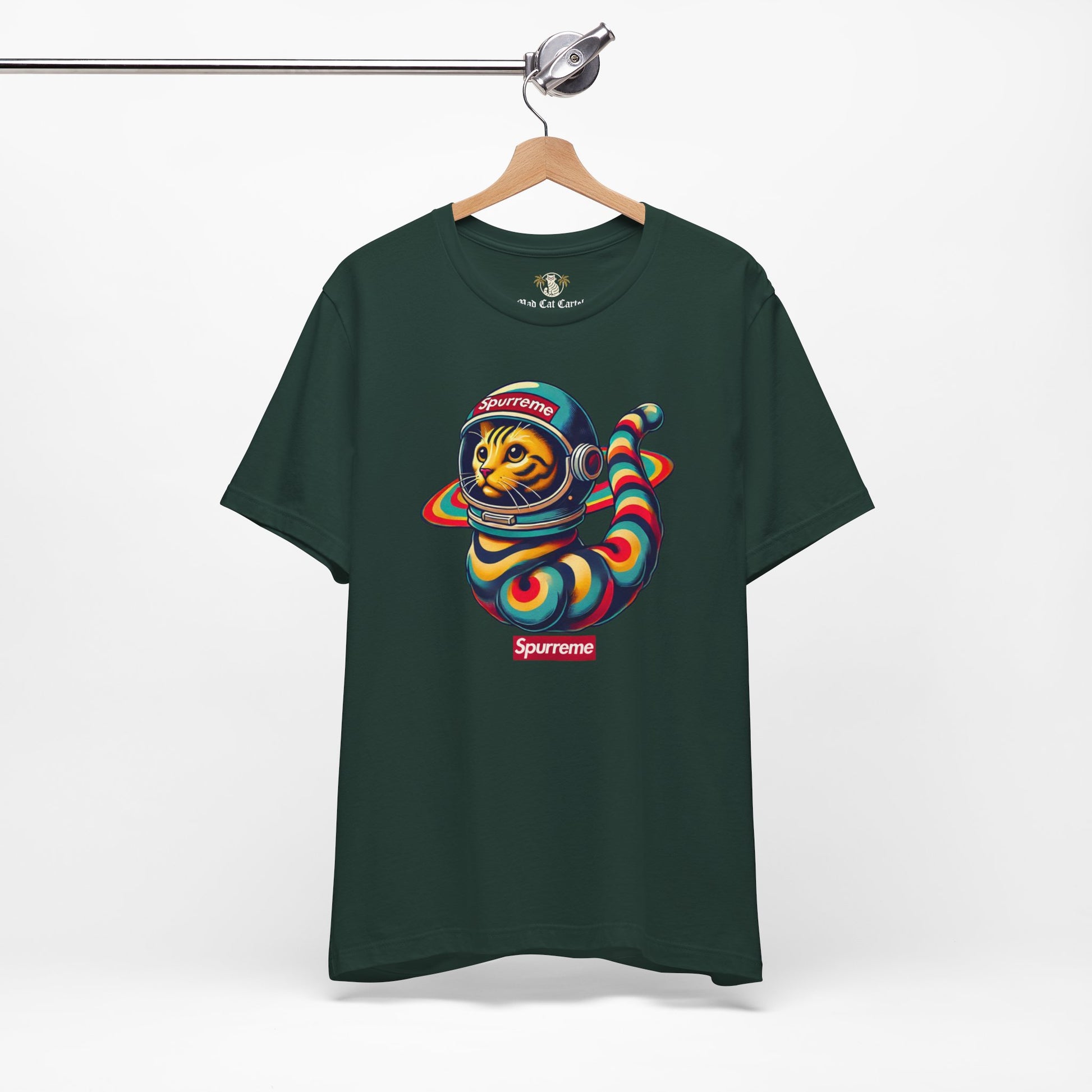 Forest green t shirt hanging display, tee shirts with cats