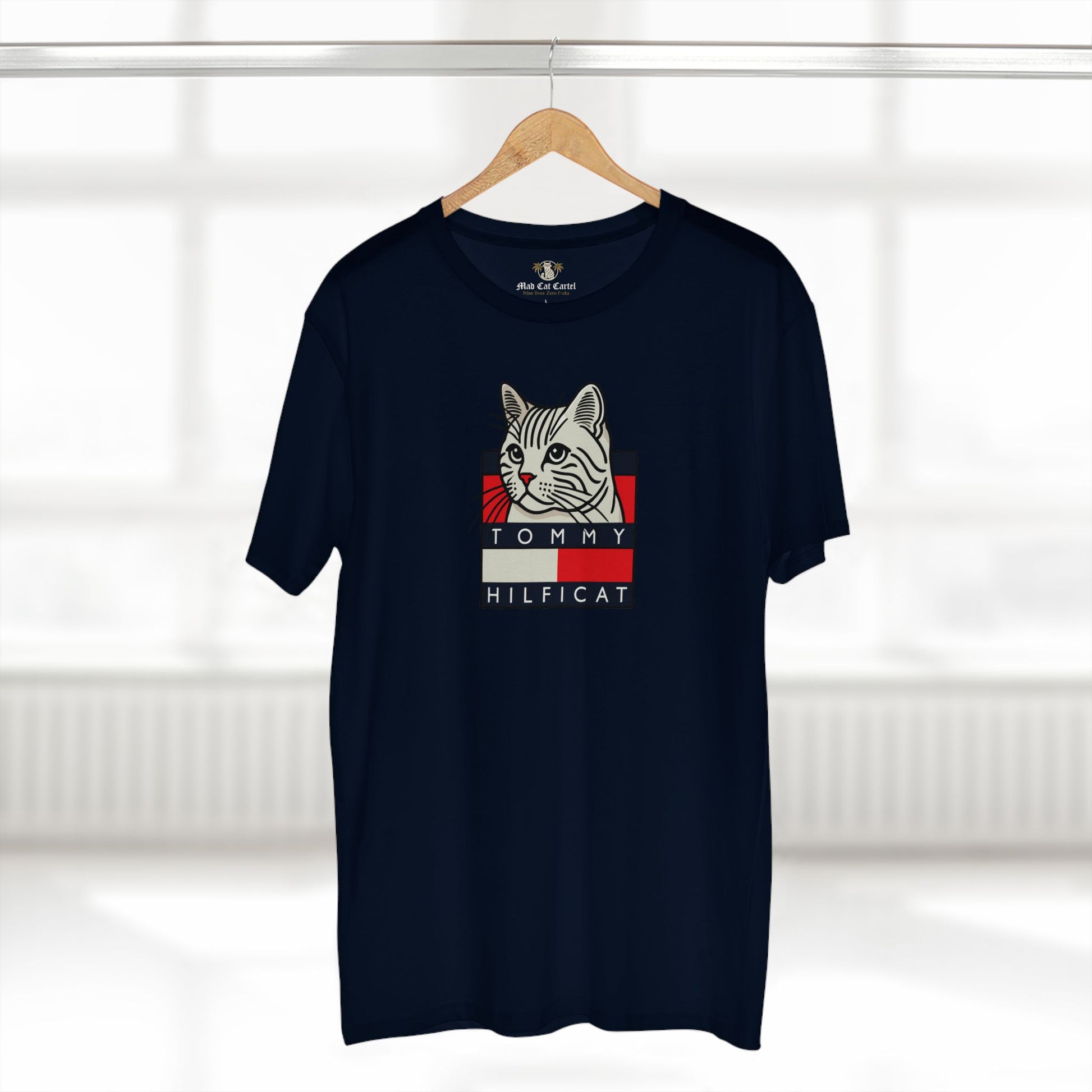 Tommy Hilficat  T Shirt on hanger in Navy Blue, gifts for cat dads