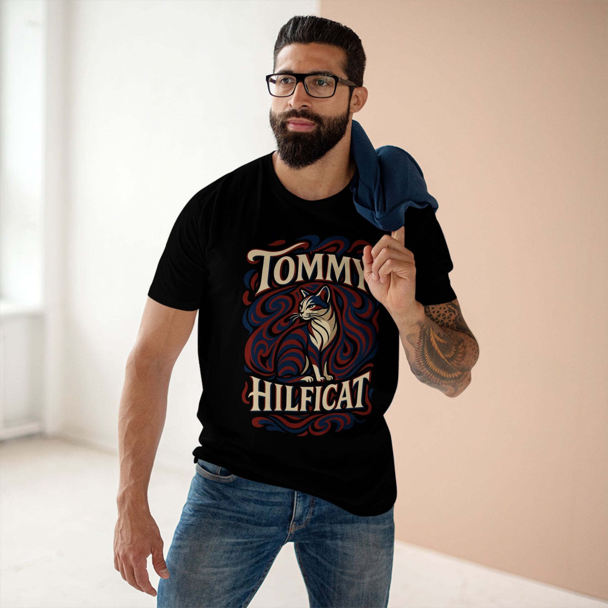 Black mens cat tee lifestyle male model wearing