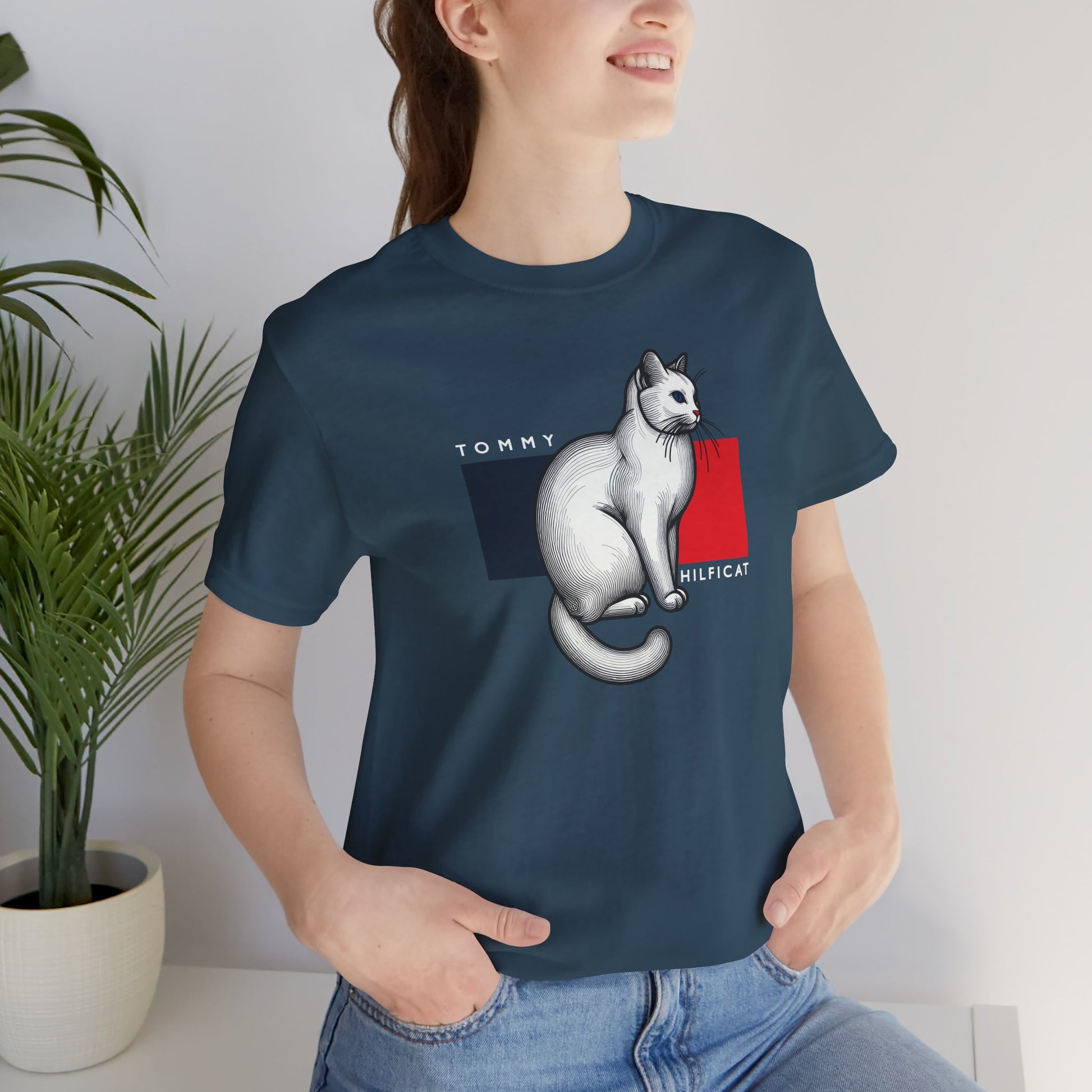Deep Teal cat on a shirt female model lifestyle
