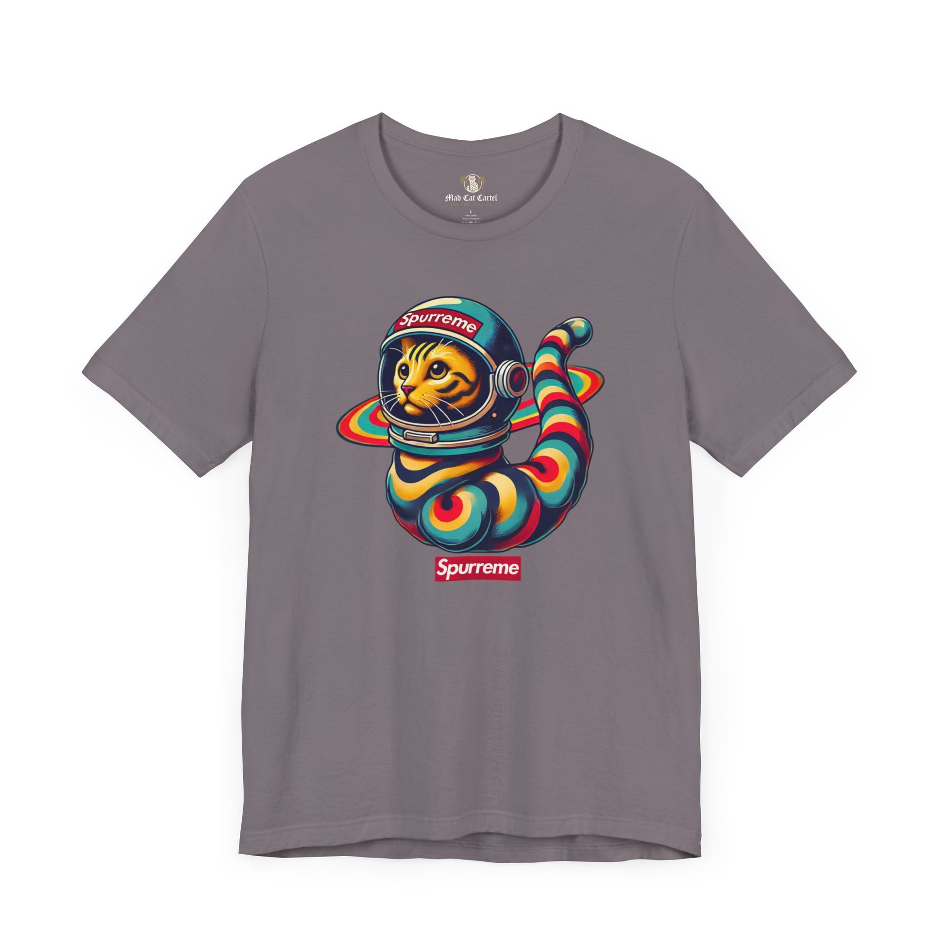 Spurreme Space Explorer Cat Graphic T-Shirt in storm gray flat lay, cat shirts for men