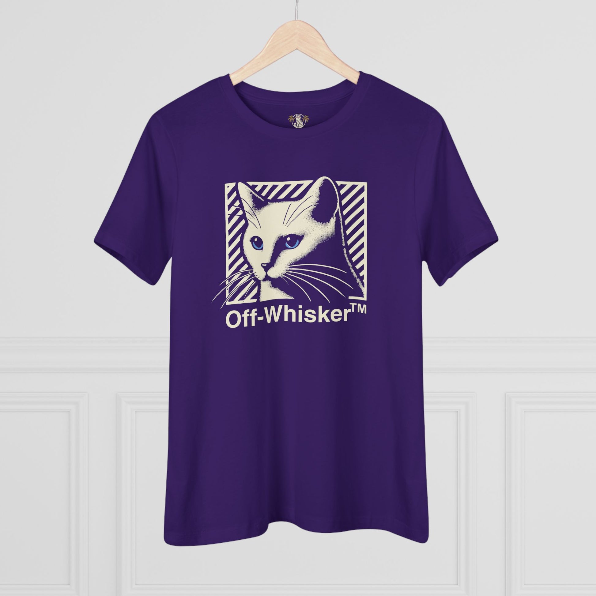 Off-Whisker Blue-Eyed Cat Graphic Women's T Shirt Team Purple, funny t-shirts for women on hanger