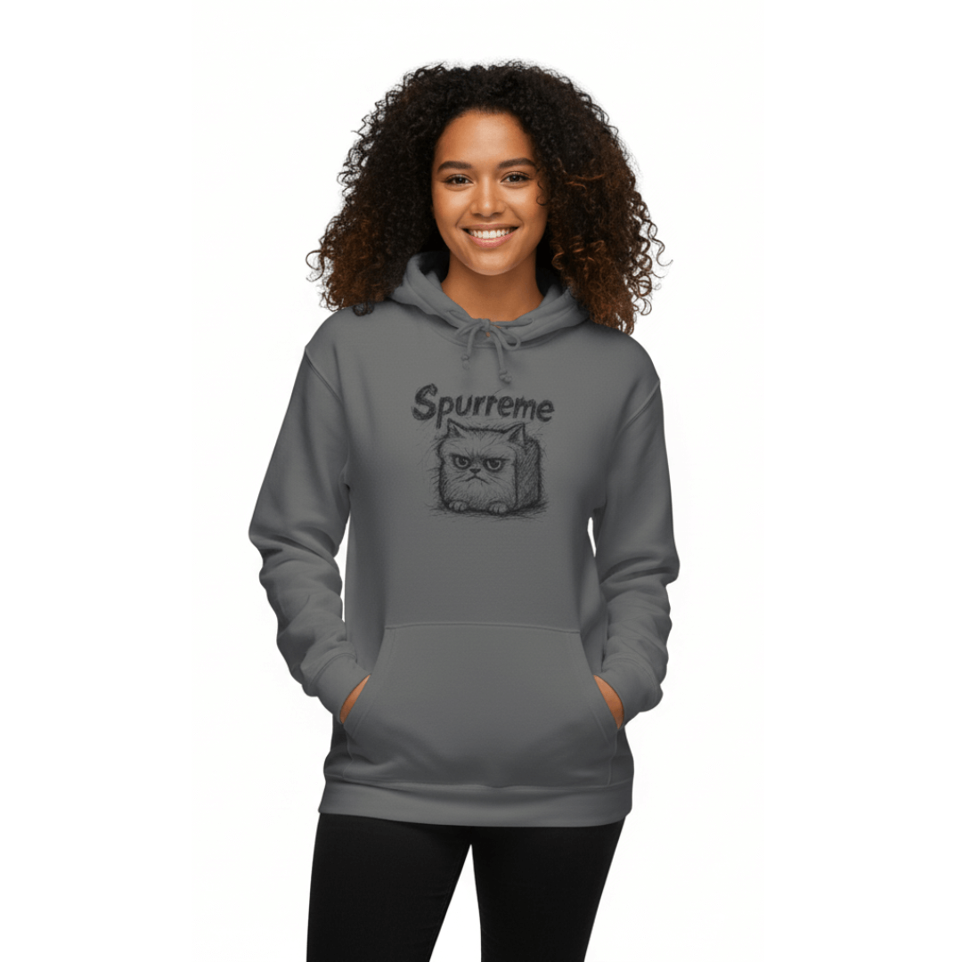 Female model wearing Charcoal Gray Spurreme Angry Fluffy Loaf Kitty Hoodie comfortable gift for cat lovers