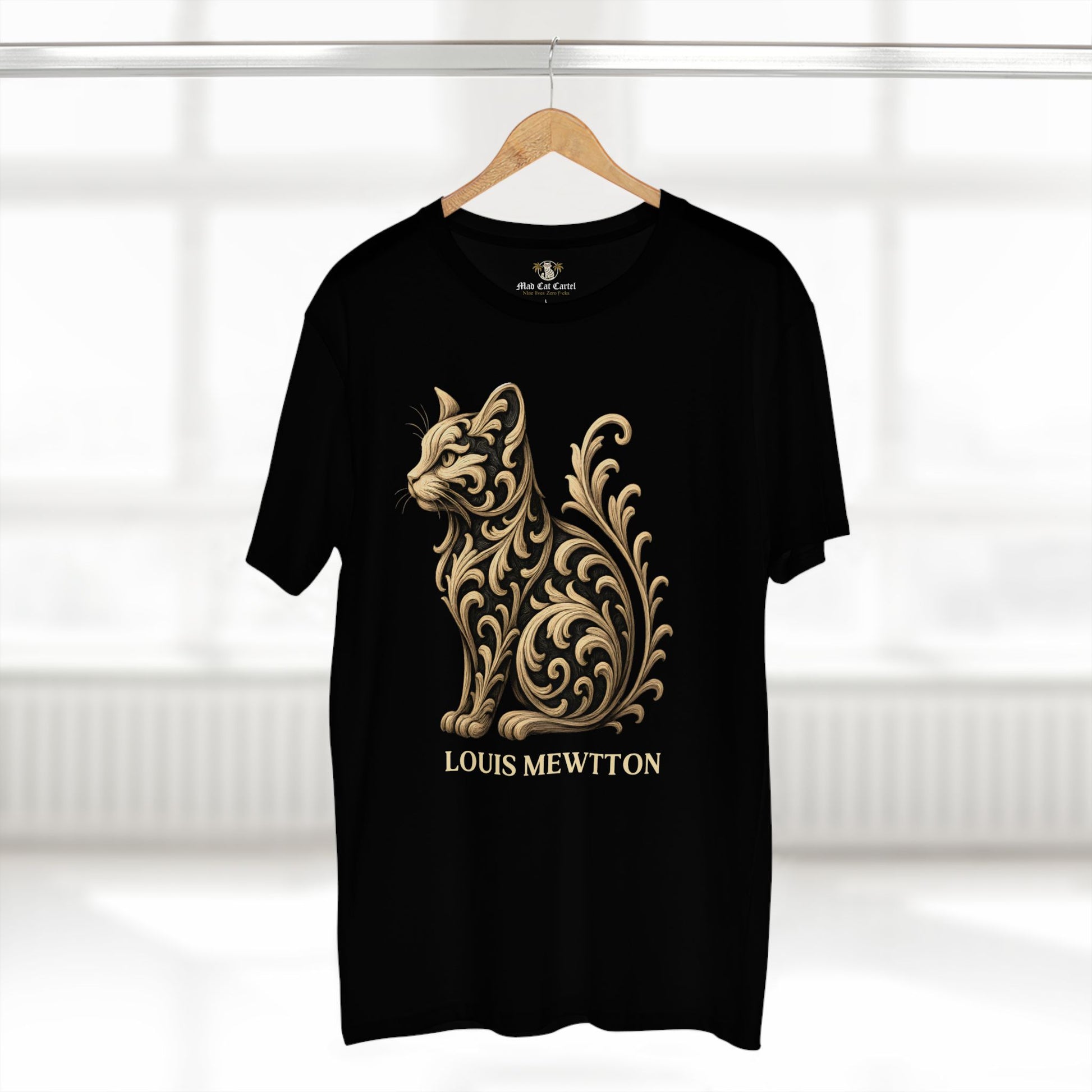 Cat clothes for humans black t shirt on hanger front display
