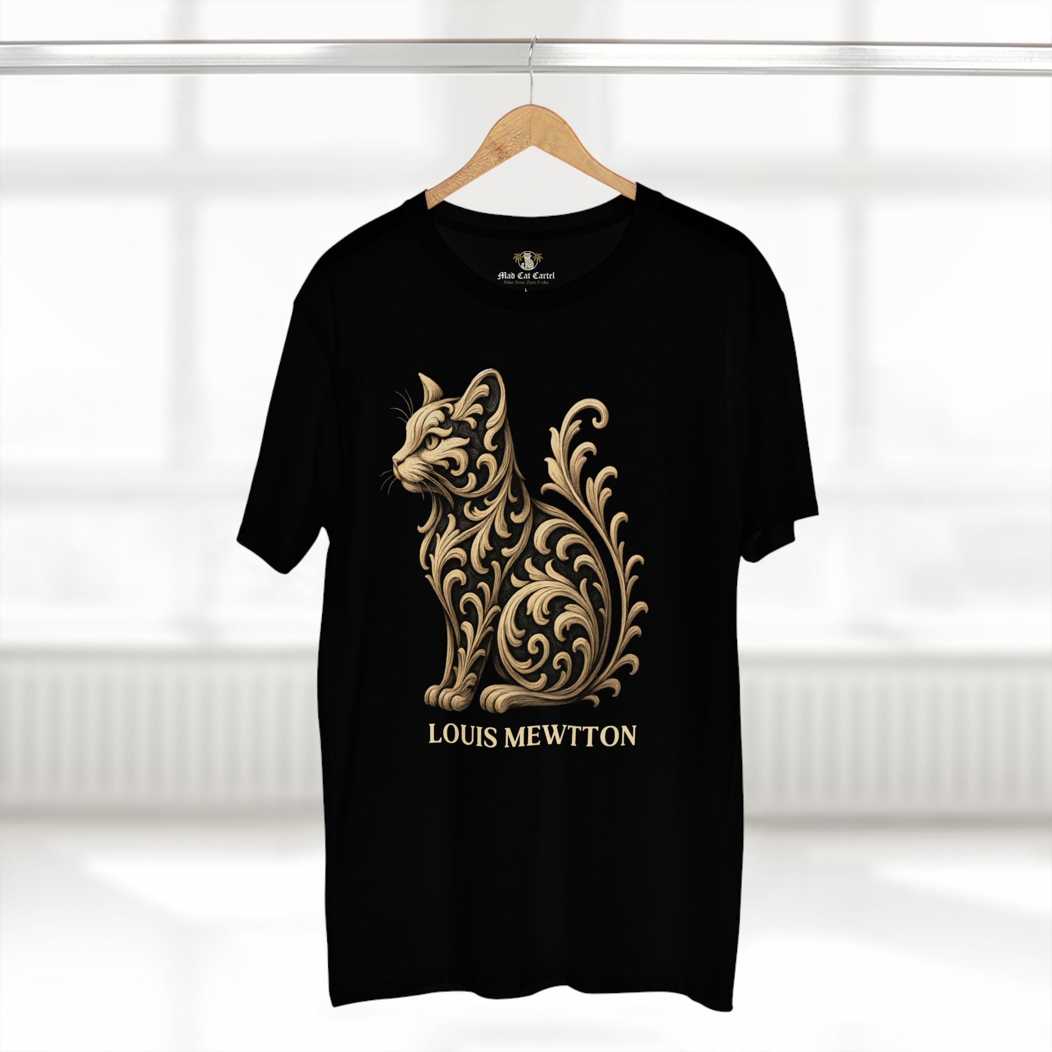 Cat clothes for humans black t shirt on hanger front display