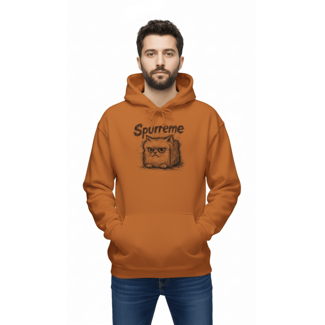 Male model wearing Caramel Brown Spurreme Angry Fluffy Loaf Kitty Hoodie warm unisex hoodie for cat lovers