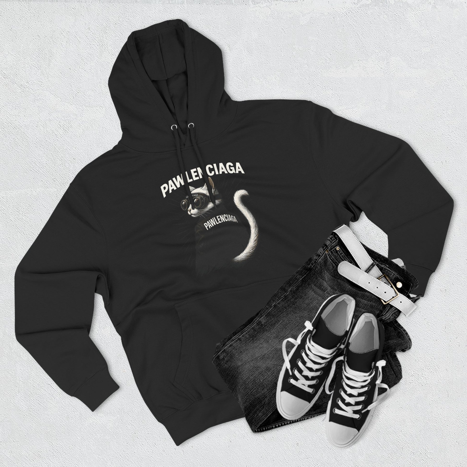 Flat lay of Pawlenciaga black hoodie with cat goggles back pose design, cool black hoodie