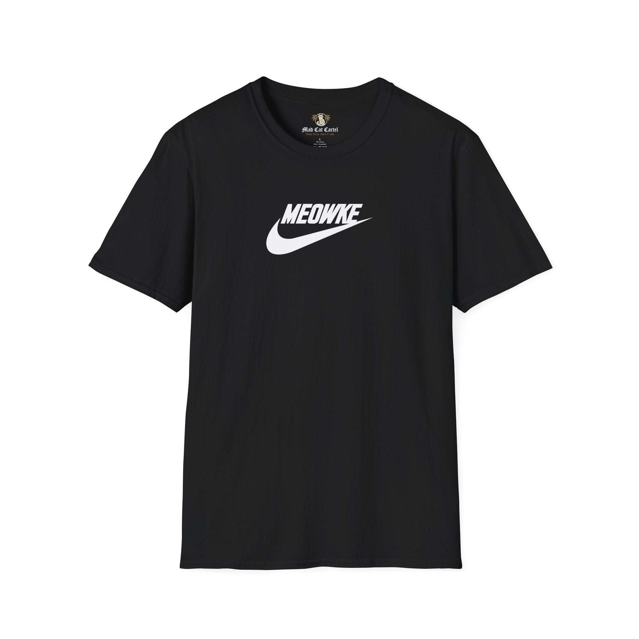 Cat t shirt for men and women – black unisex tee, front view, white Meowke chest swoosh logo
