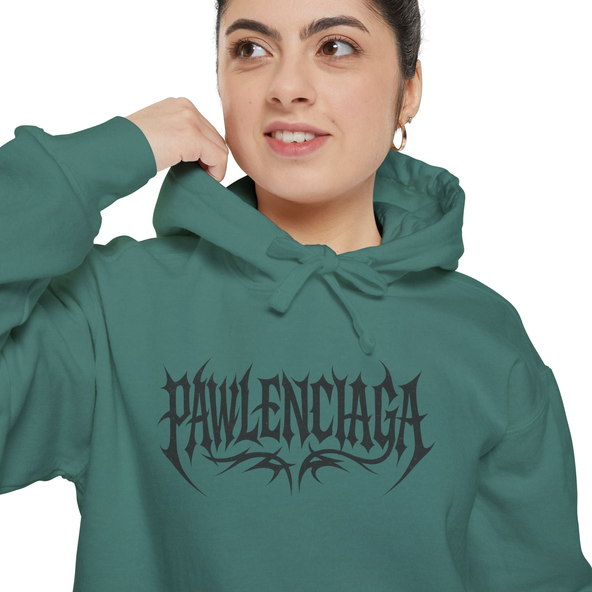 Woman wearing Pawlenciaga Light Green Hoodie, cool hoodie for cat lovers