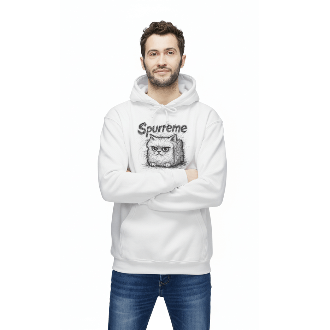 Male model wearing White Spurreme Angry Fluffy Loaf Kitty Hoodie soft designer cat clothes