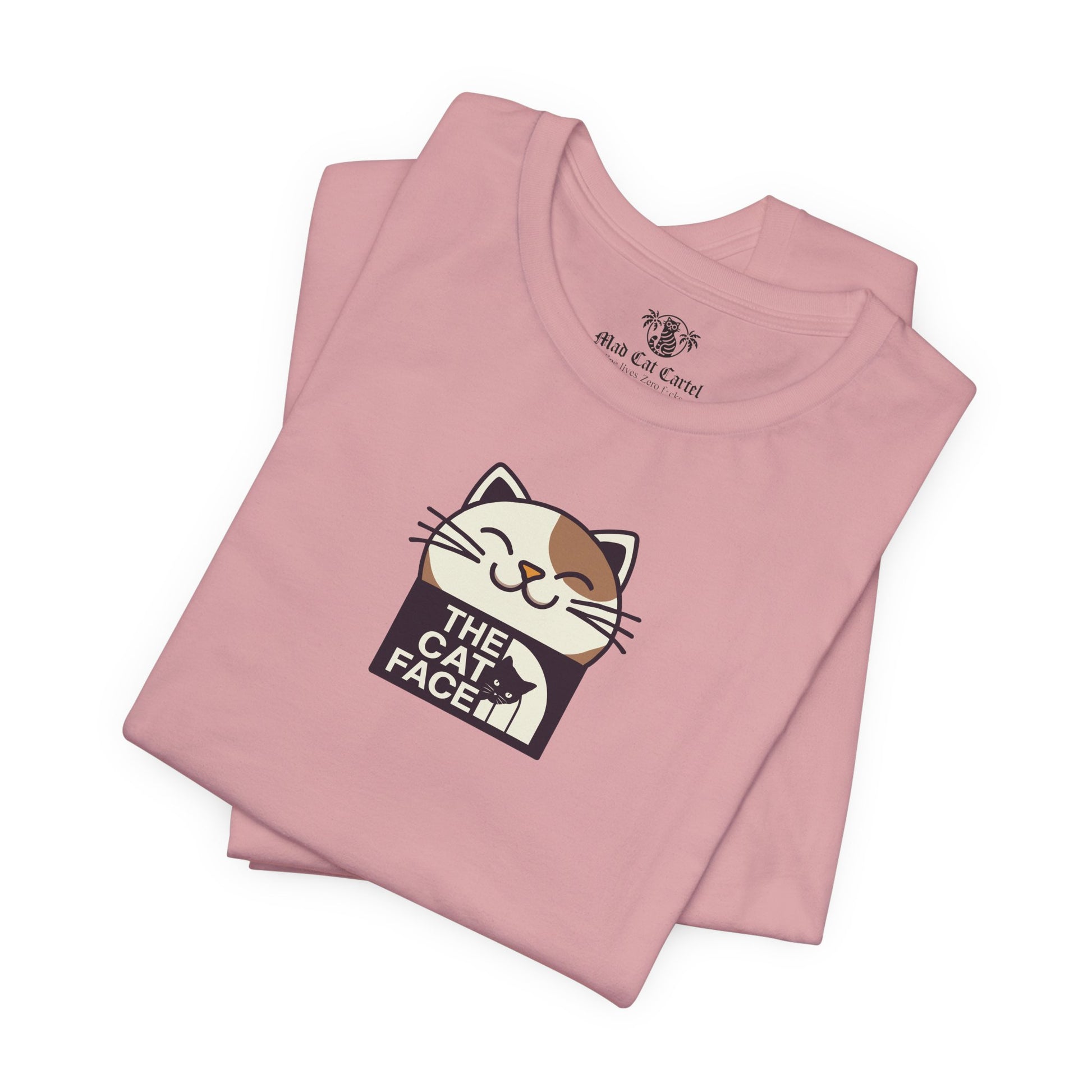 Cat face shirt orchid flat lay folded