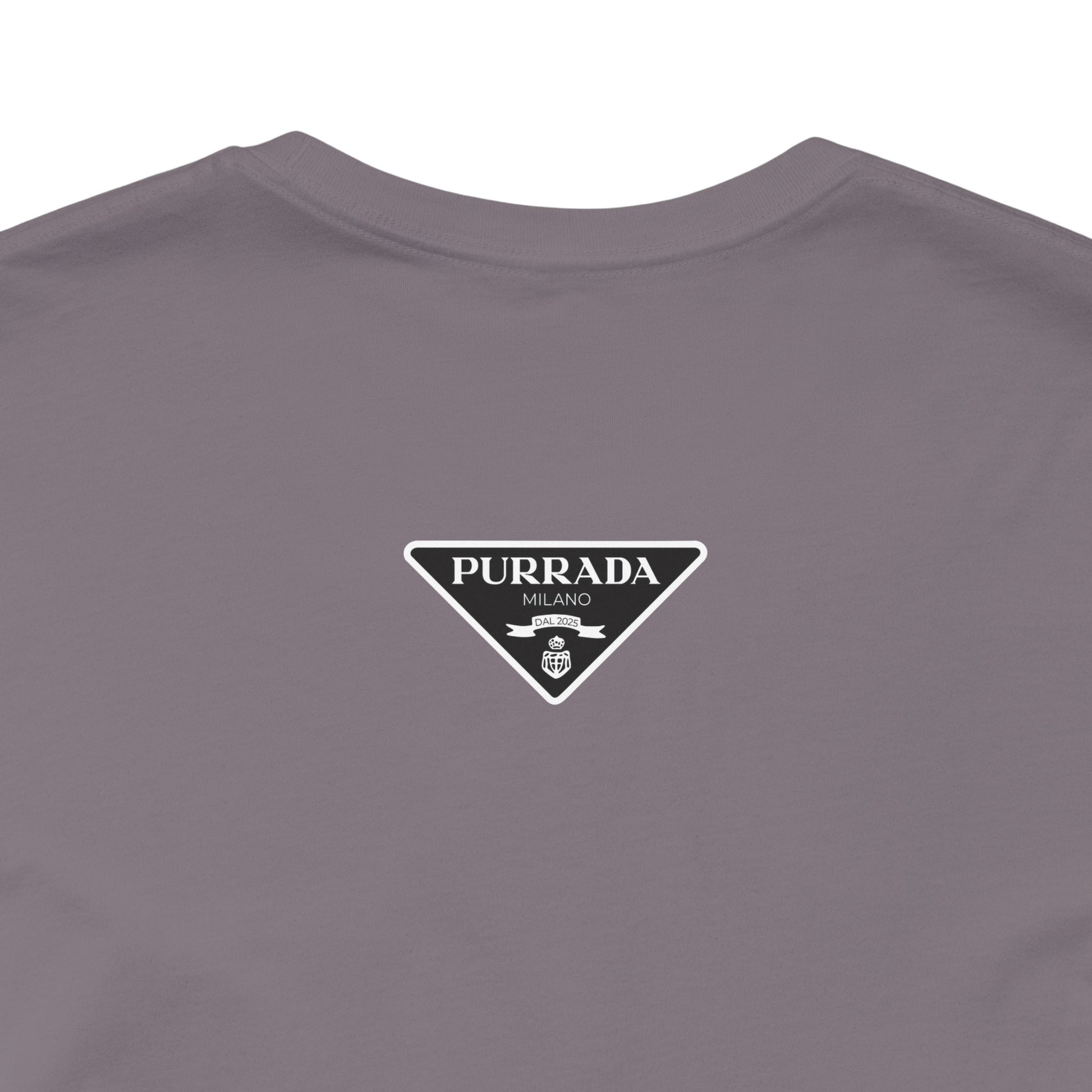 Back view of storm gray Purrada Exclusive Milano Cat Graphic T Shirt, shirts for cat lovers unisex